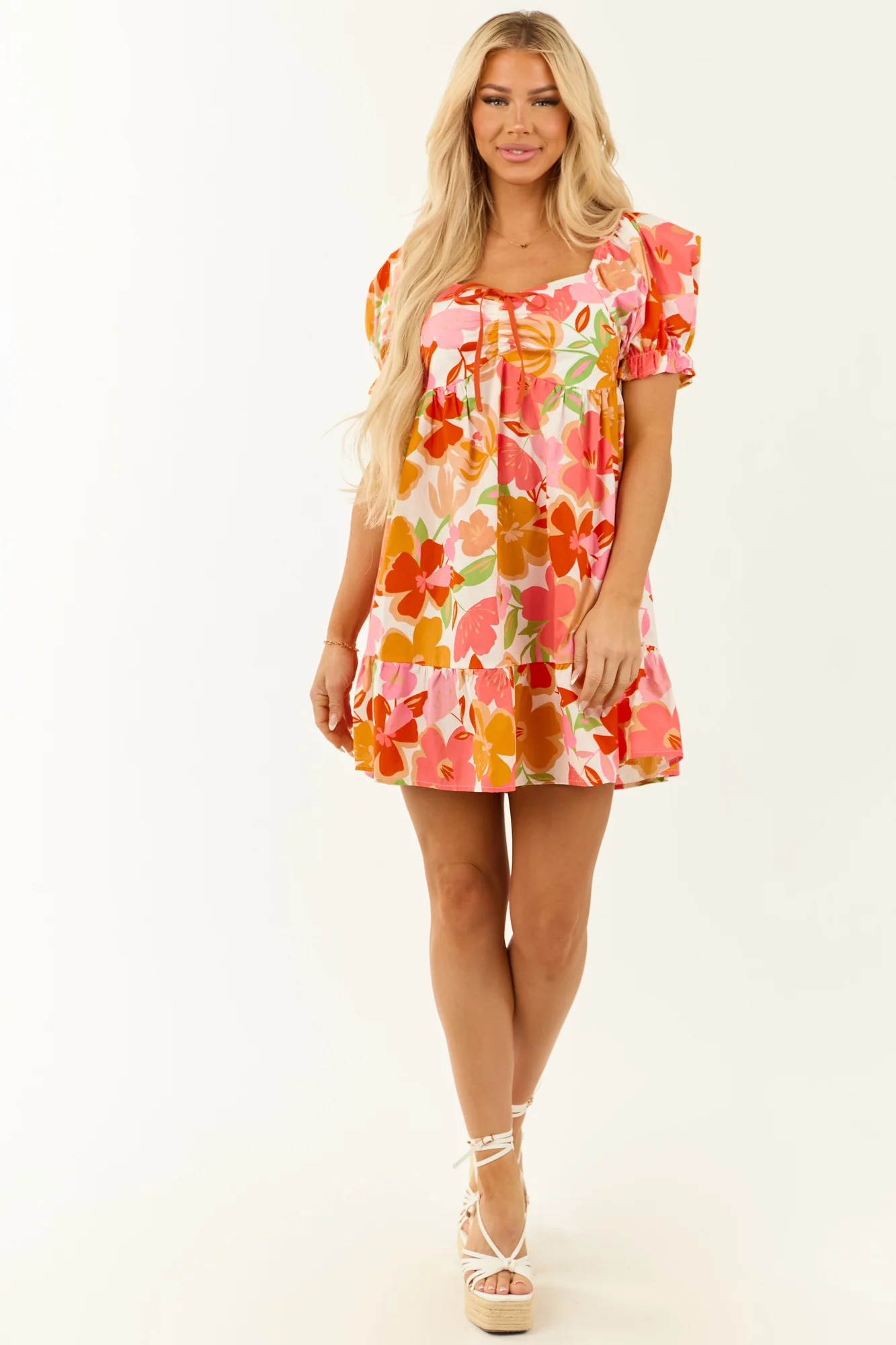 Floral Print Babydoll Puff Sleeve Dress in Various Sizes