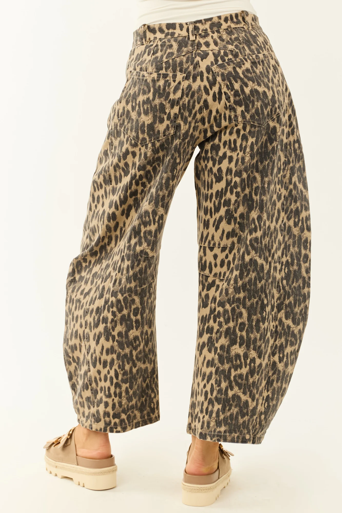 Leopard Print High Rise Button Fly Barrel Jeans in Camel and Cocoa