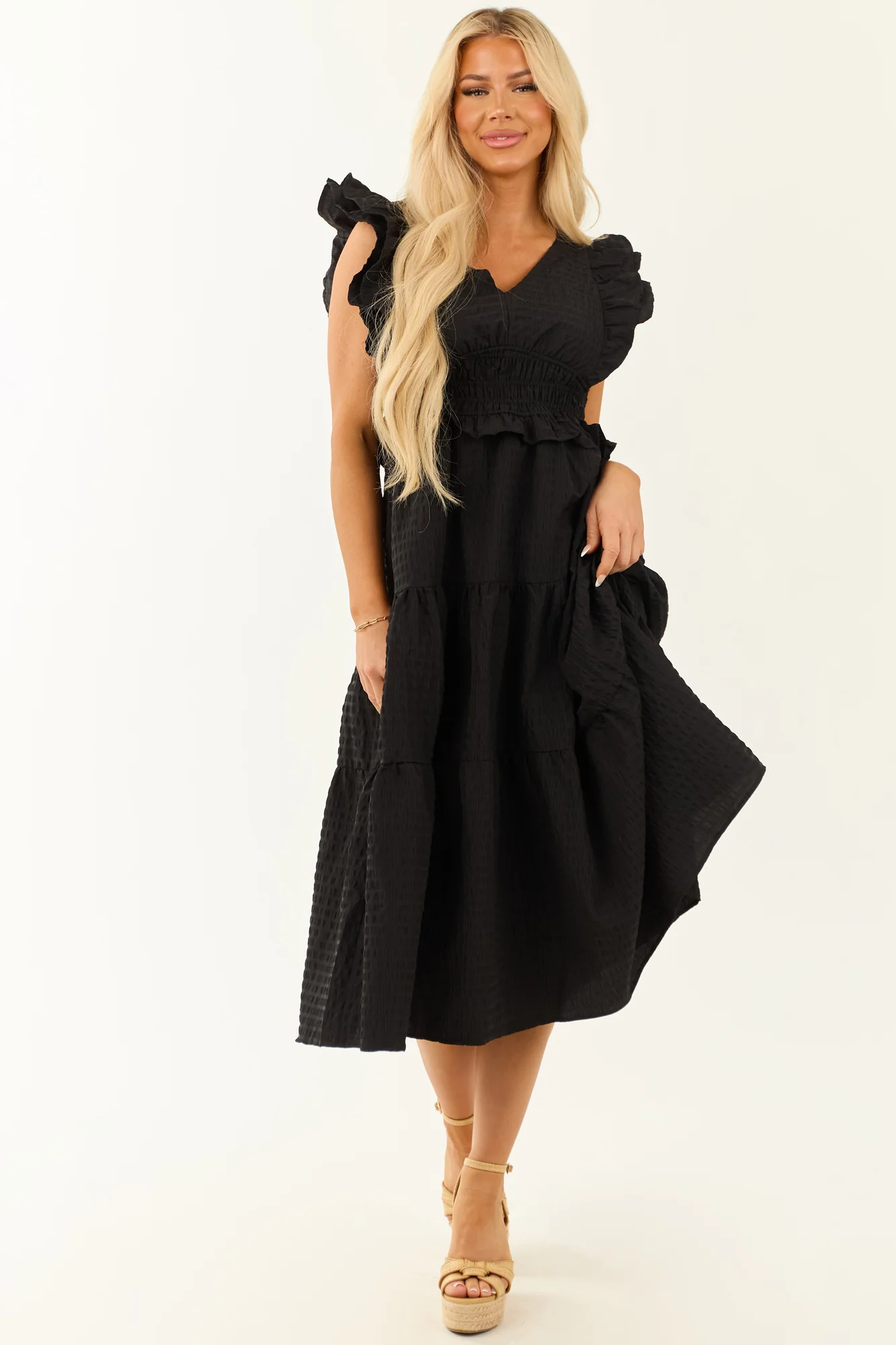 Black Smocked Waist Cap Sleeve Midi Dress