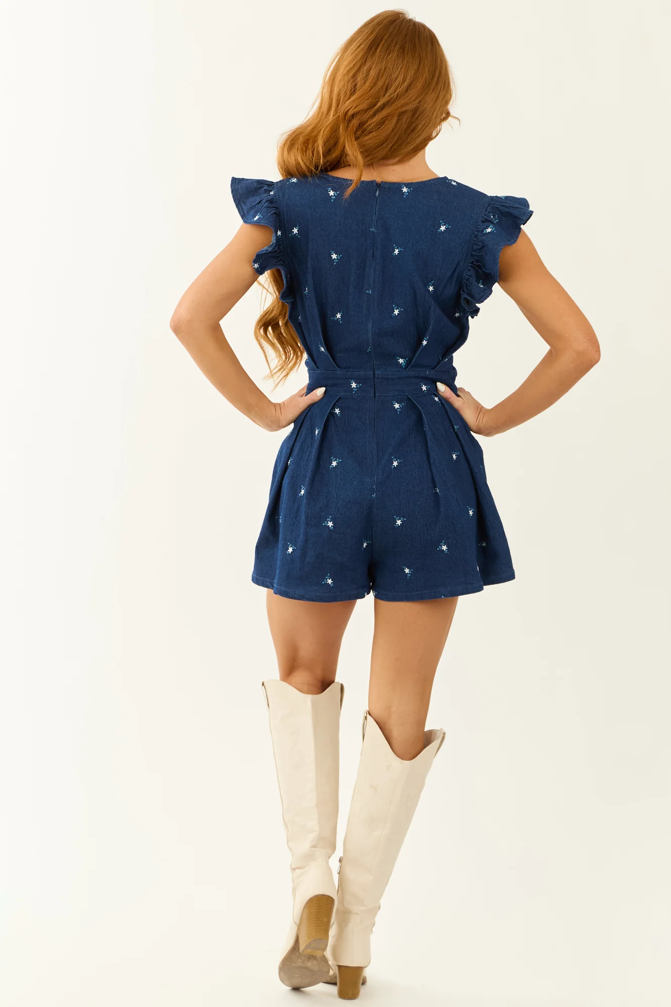 Blue Denim Floral Embroidered Romper Dress