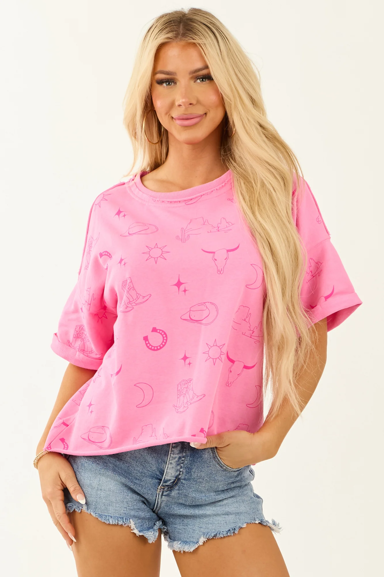 Fuchsia Western Print Boxy Tee with Banded Cuffs