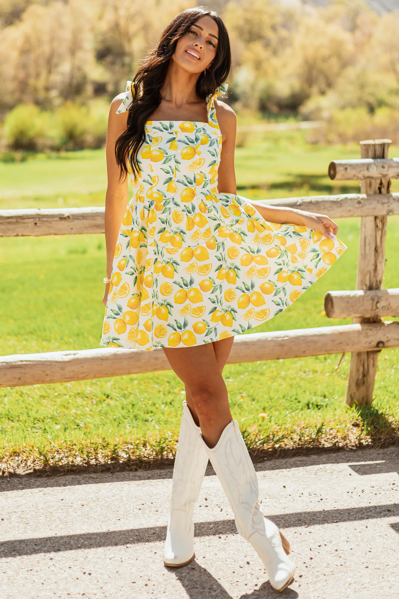 Ivory Lemon Print Sundress Square Neckline Adjustable Straps