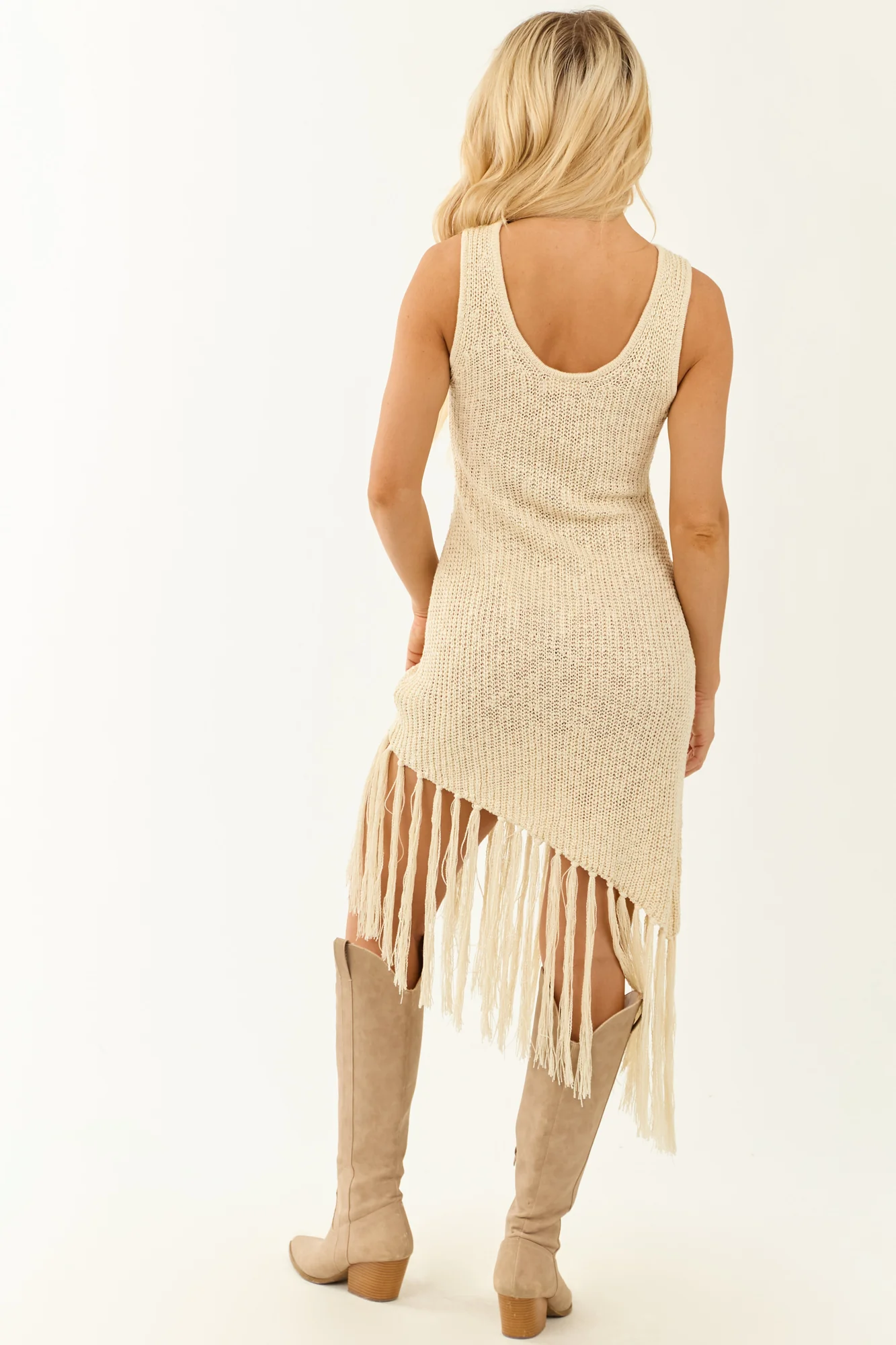 White Fringe Hem Knit Casual Midi Dress