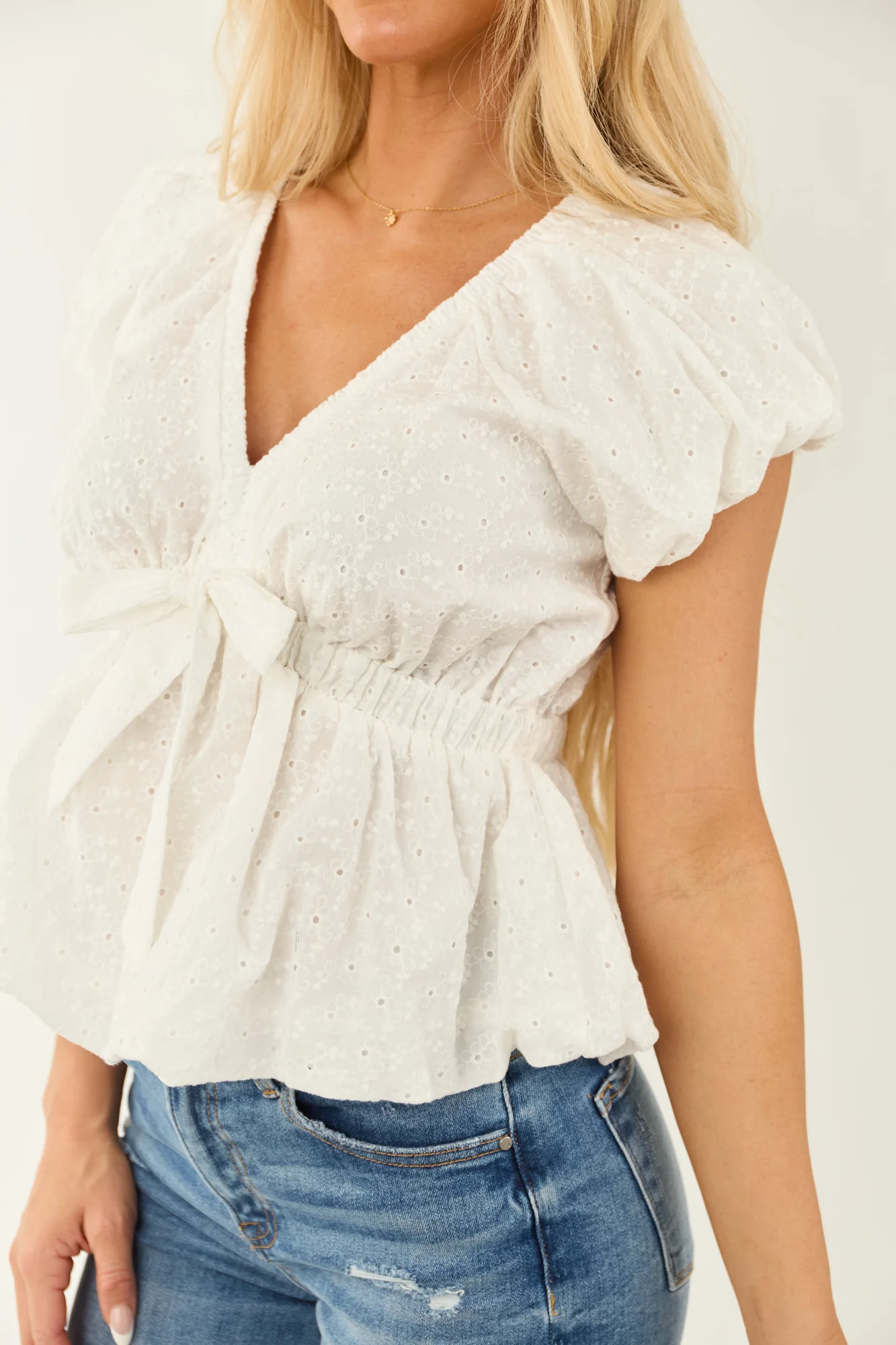 Babydoll White Floral Blouse with V Neckline