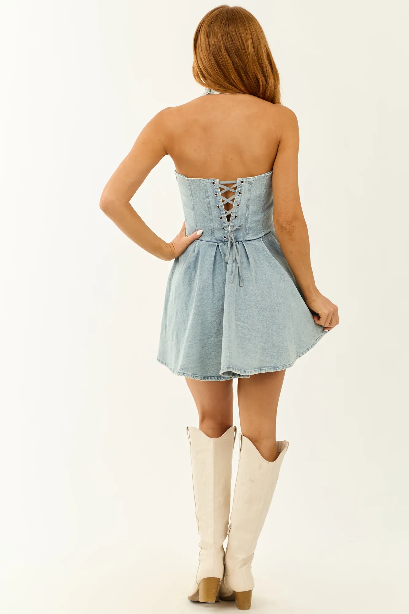 Denim Halter Neck Fit & Flare Mini Dress