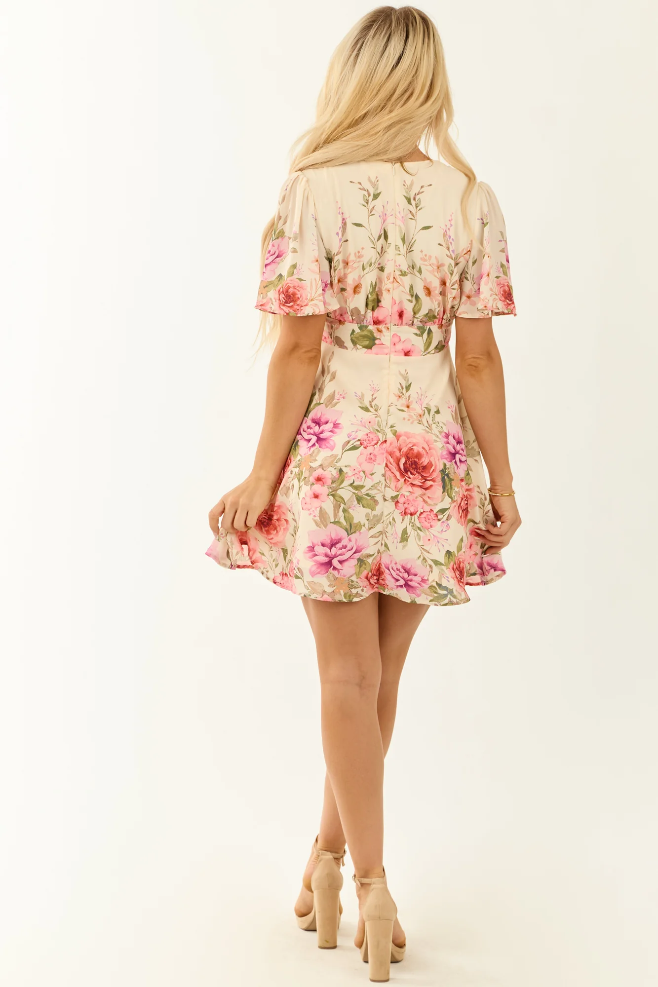 Floral Print V-Neck Mini Dress in Cream - Womens Fashion