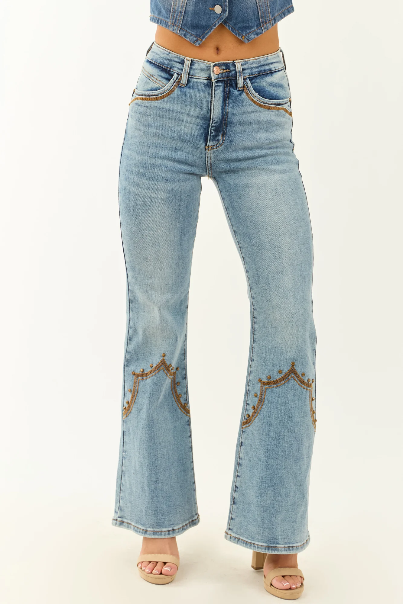 Flare High Rise Western Stretchy Jeans - Medium Wash