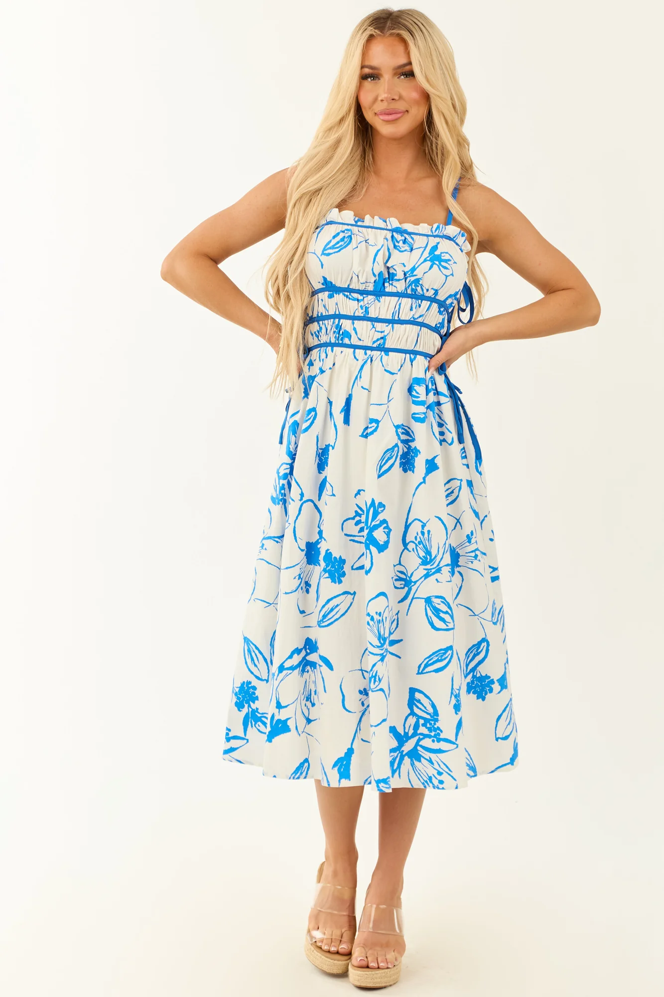 Floral Print Square Neck Sleeveless Midi Dress in Ivory