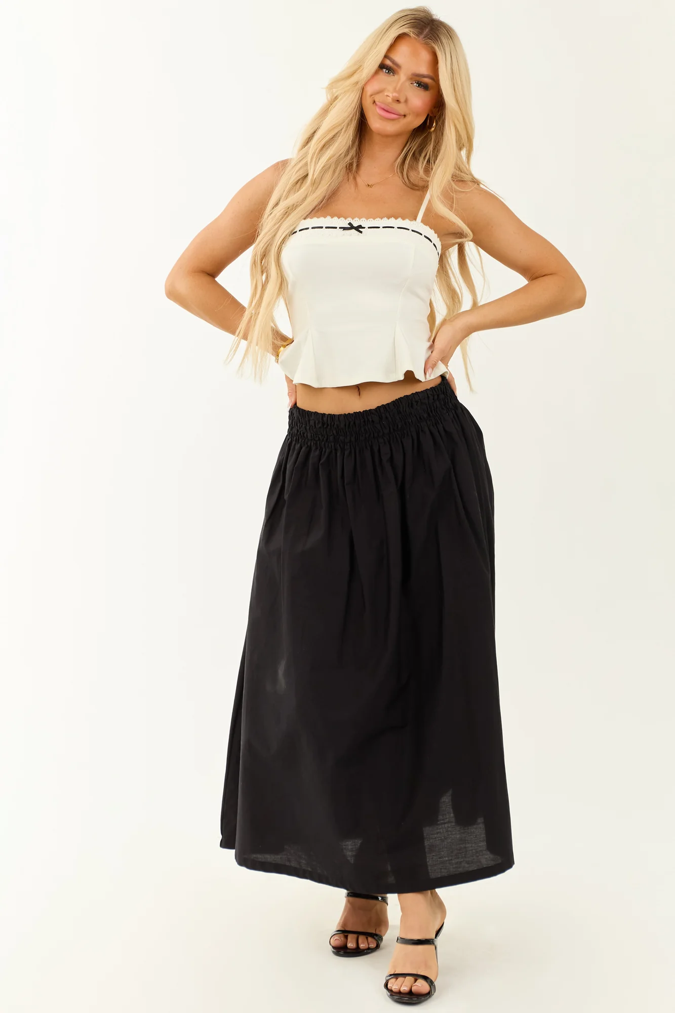 Cotton Black Elastic Waist Midi Skirt