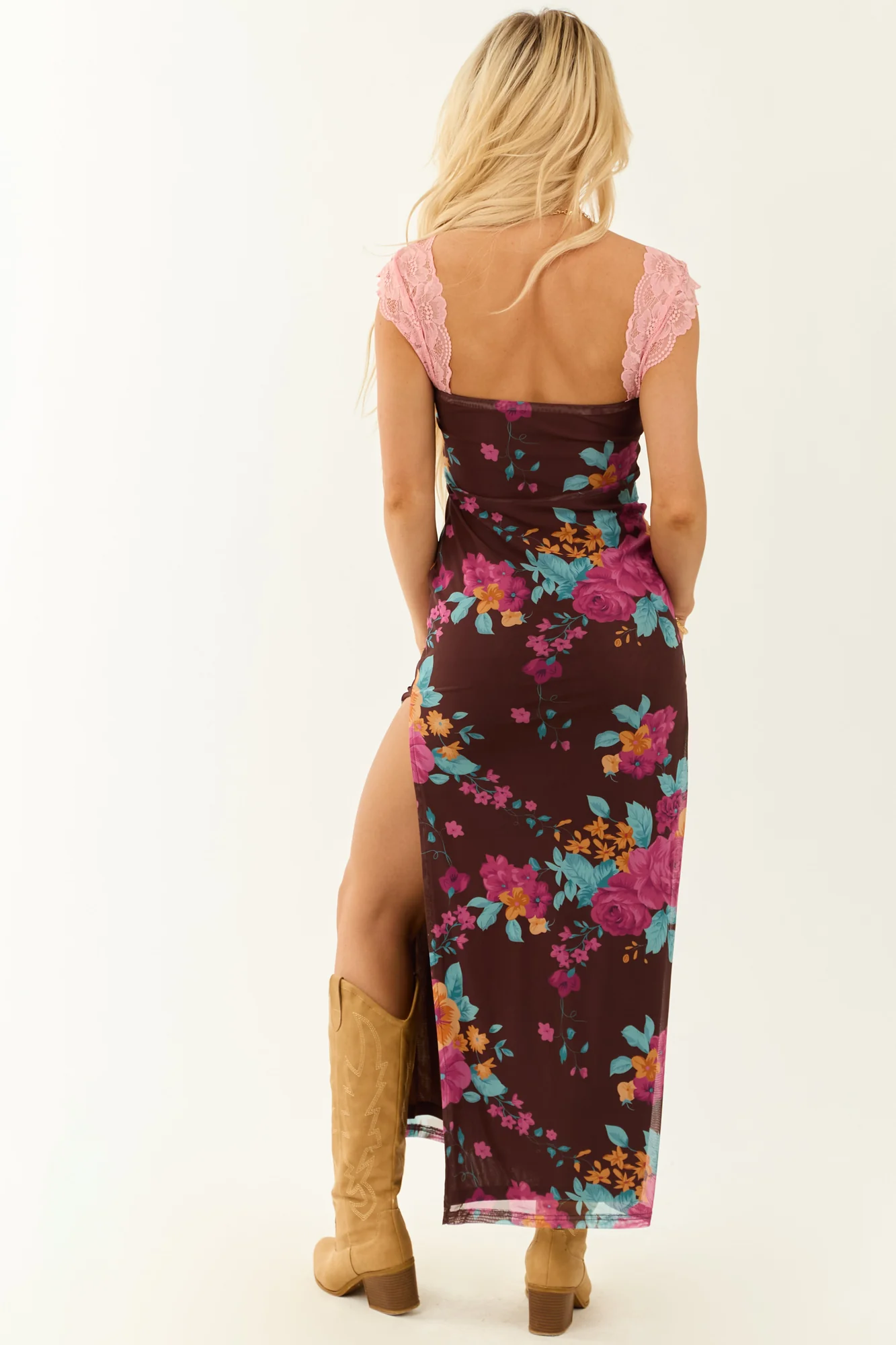 Floral Print Mesh Lace Maxi Dress with Side Slits