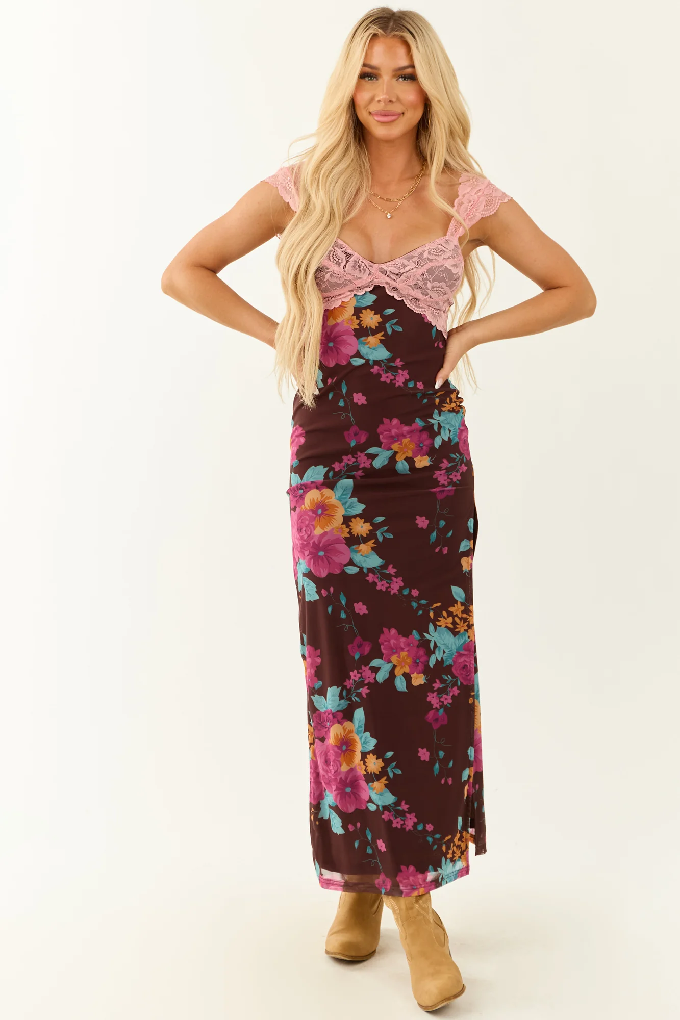 Floral Print Mesh Lace Maxi Dress with Side Slits
