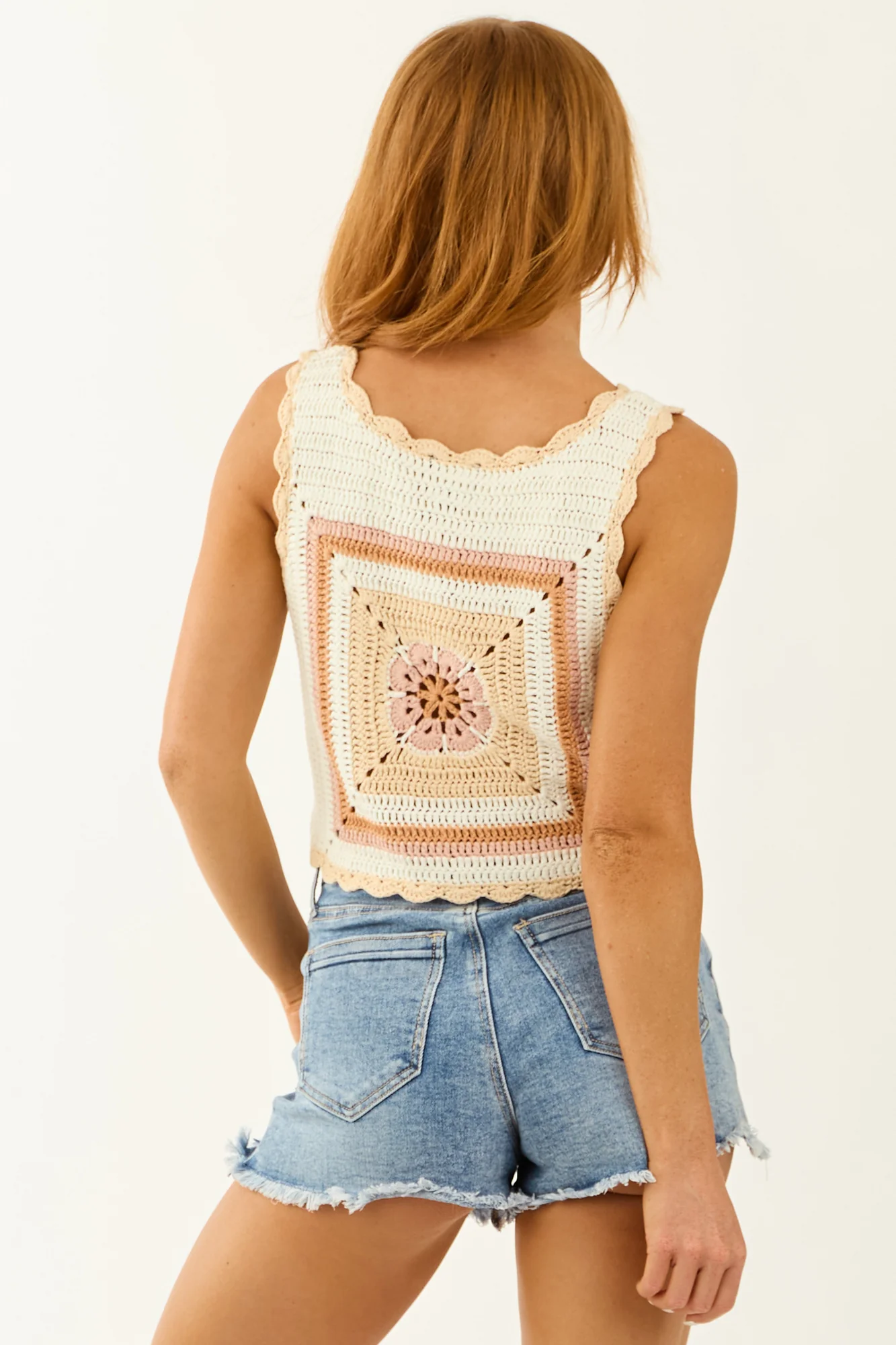 Boho Crochet Scallop Trim White Tank Top