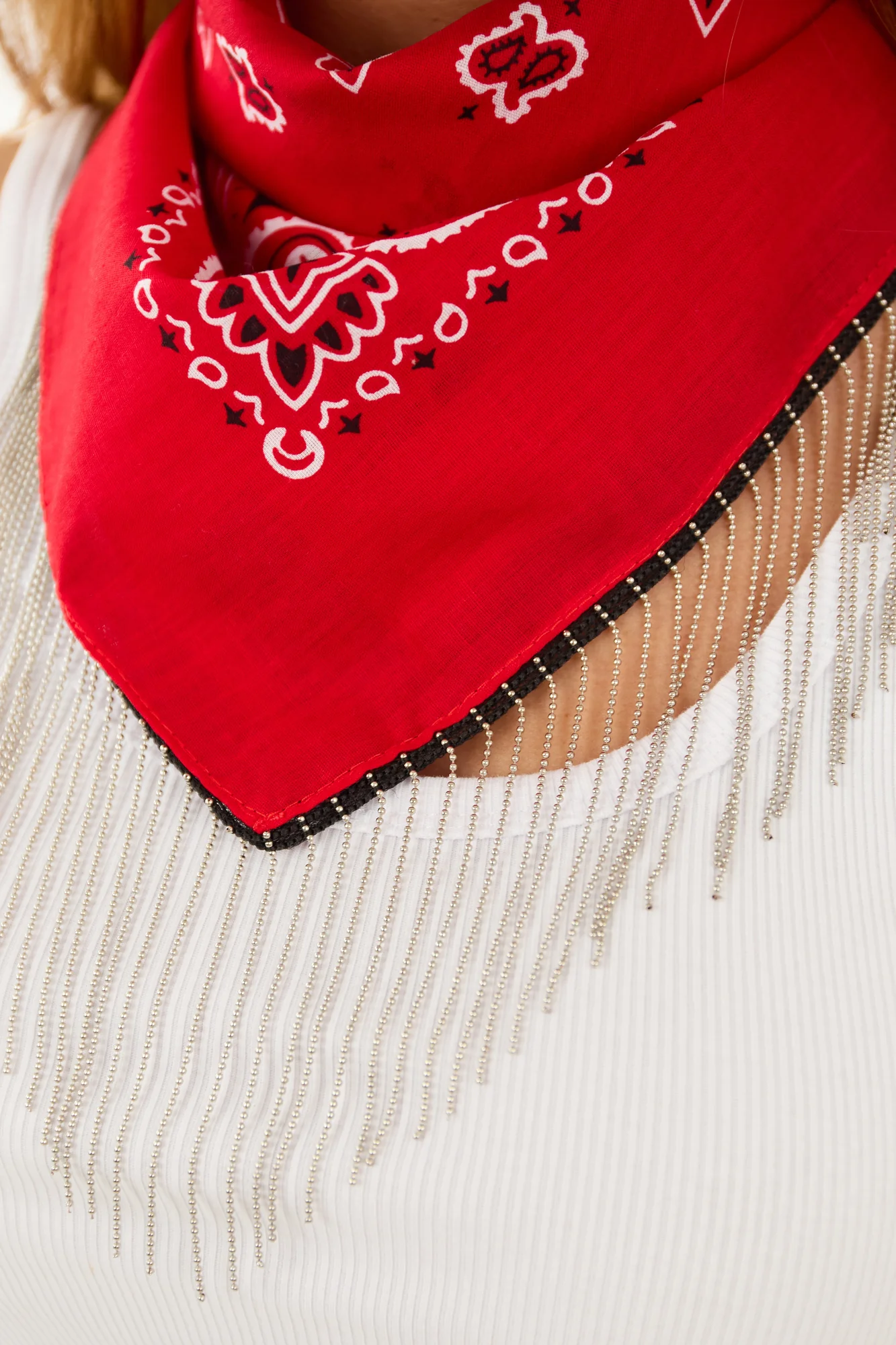 Edgy Rockstar Bandana Chain Fringe Red Black Ivory