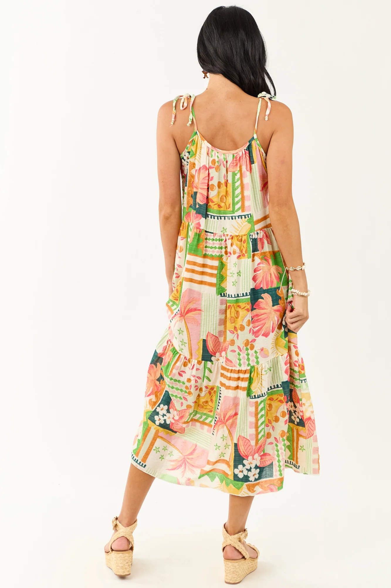 Abstract Print Shoulder Tie Midi Dress