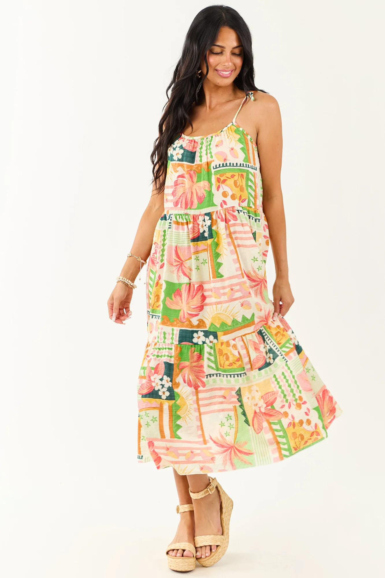 Abstract Print Shoulder Tie Midi Dress