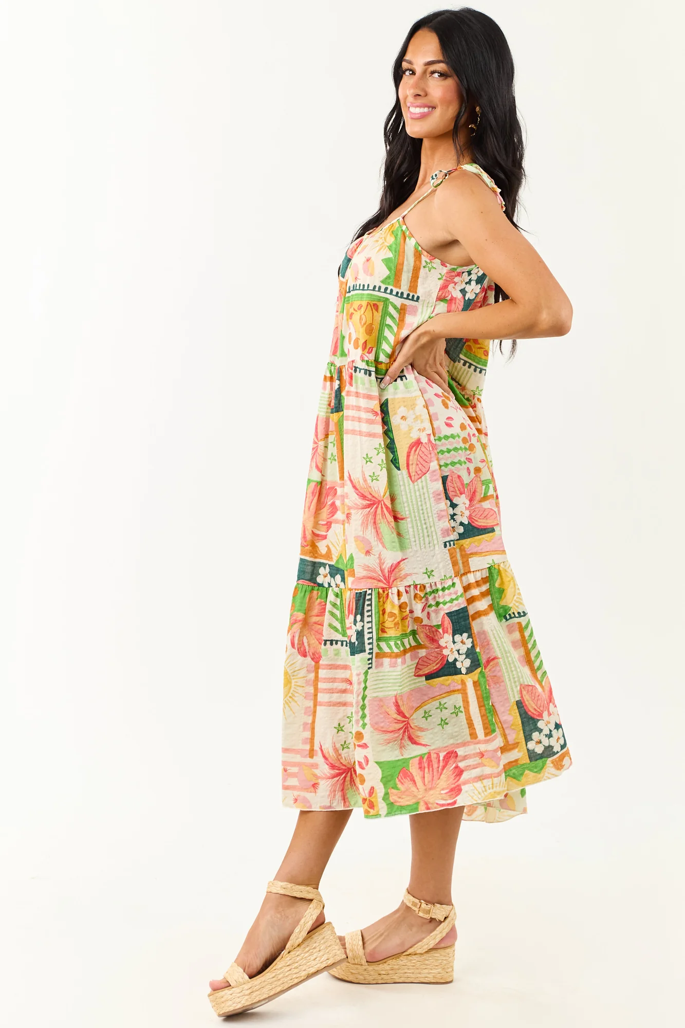 Abstract Print Shoulder Tie Midi Dress
