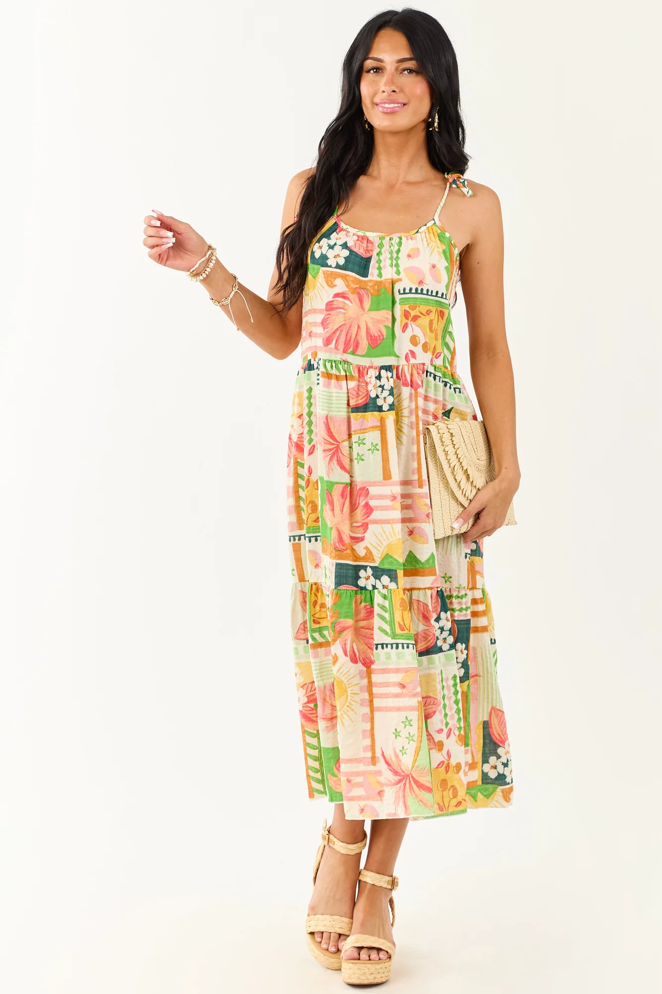 Abstract Print Shoulder Tie Midi Dress