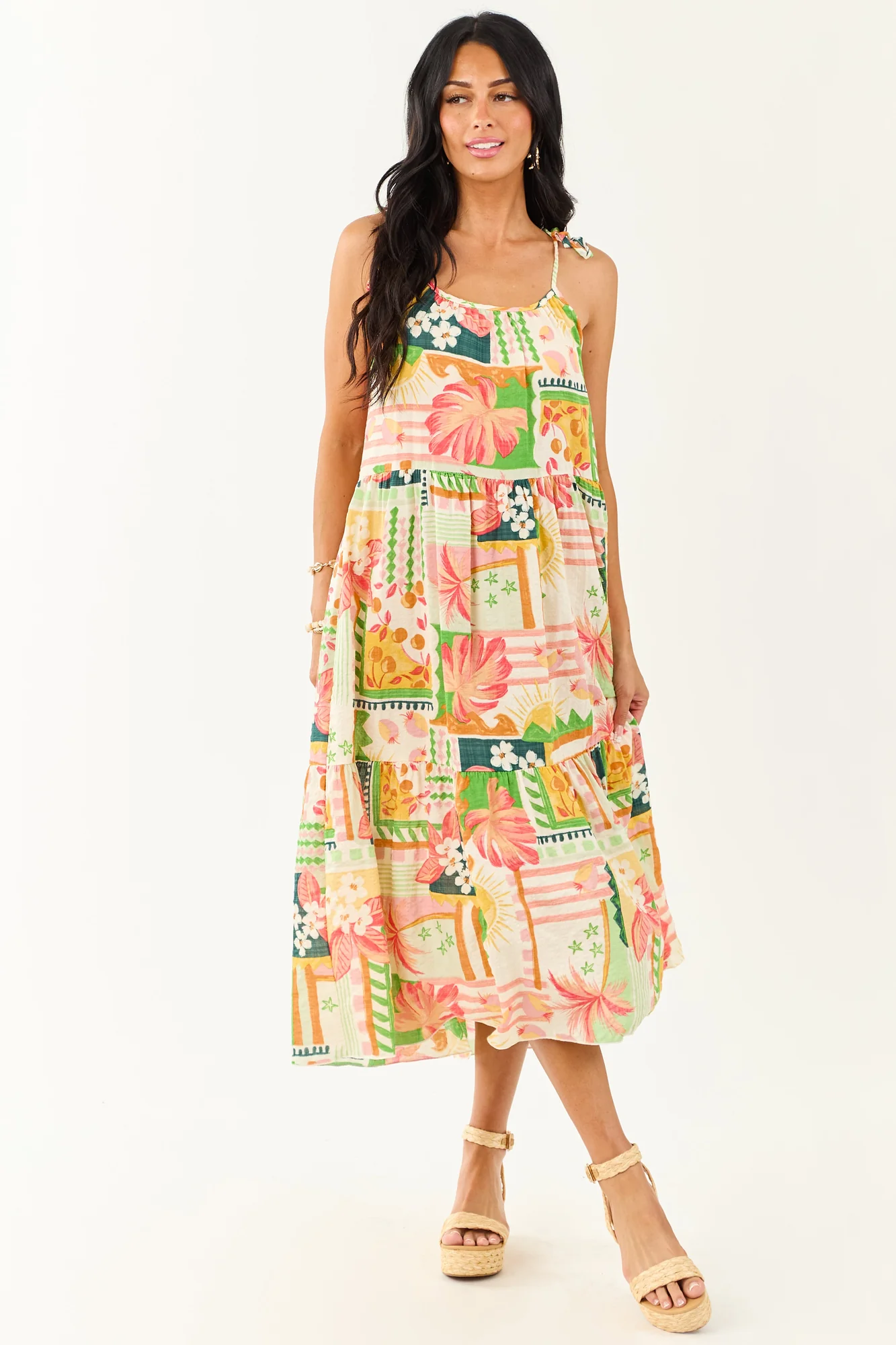 Abstract Print Shoulder Tie Midi Dress