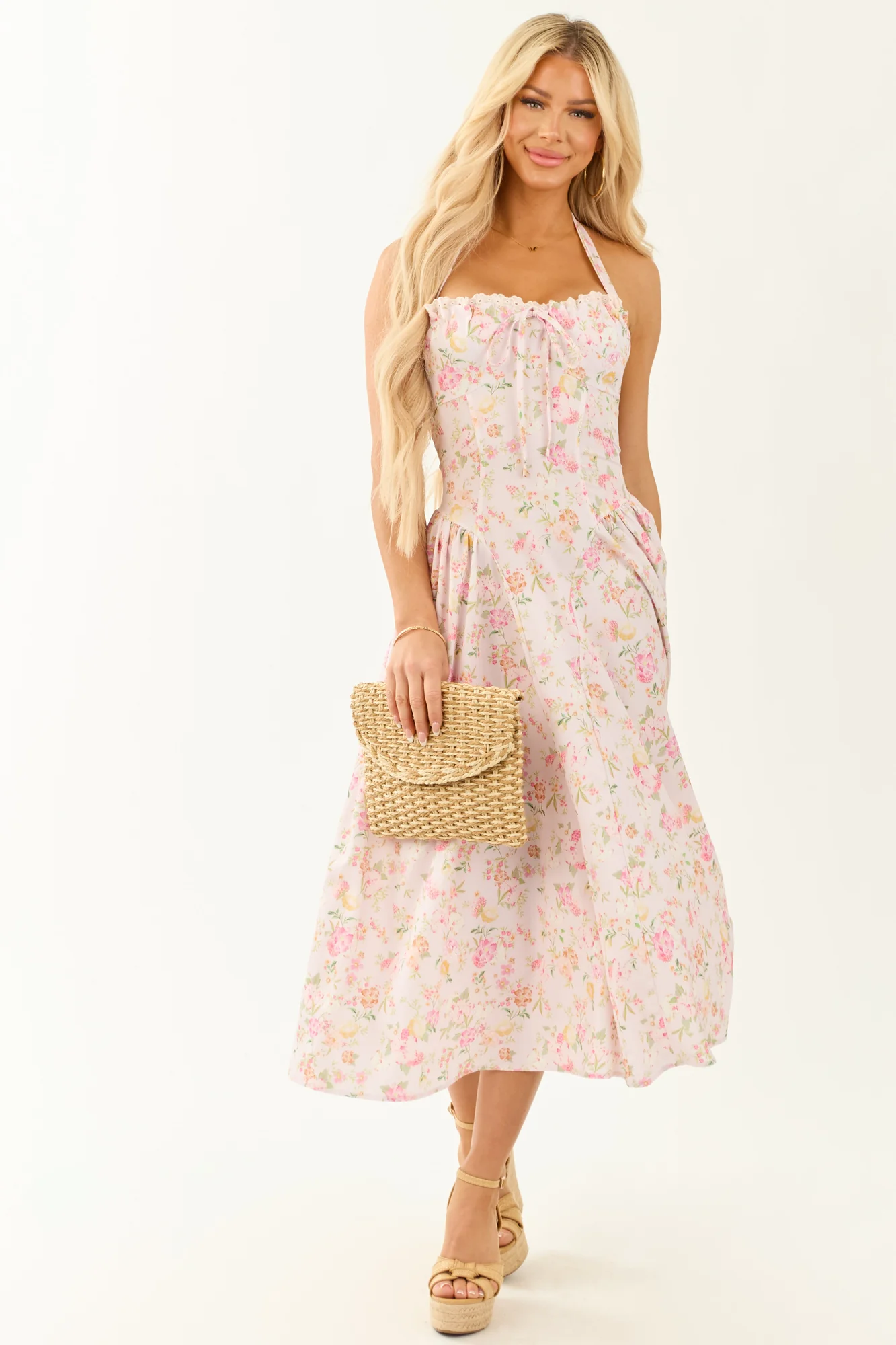 Floral Halter Neck Midi Dress in Lemon, Pistachio