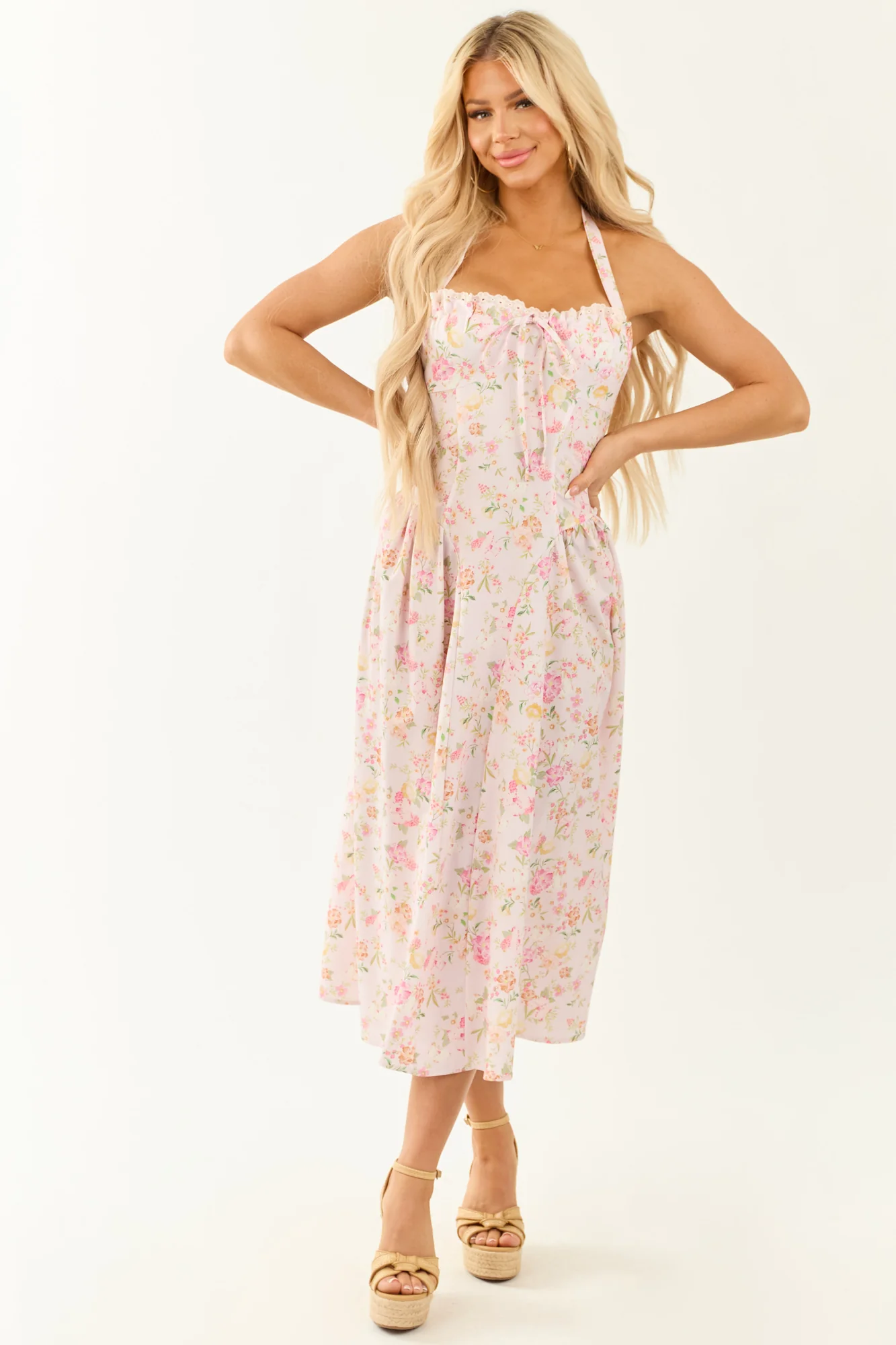 Floral Halter Neck Midi Dress in Lemon, Pistachio