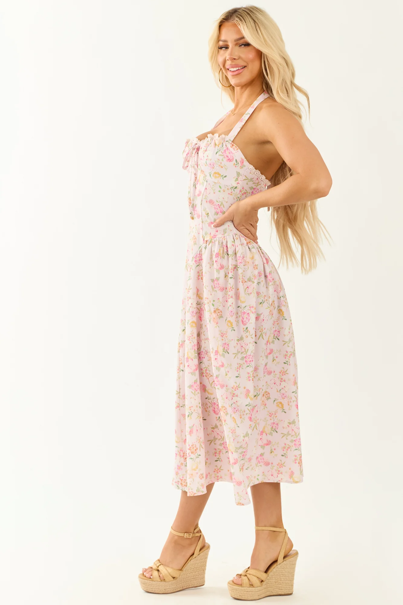 Floral Halter Neck Midi Dress in Lemon, Pistachio