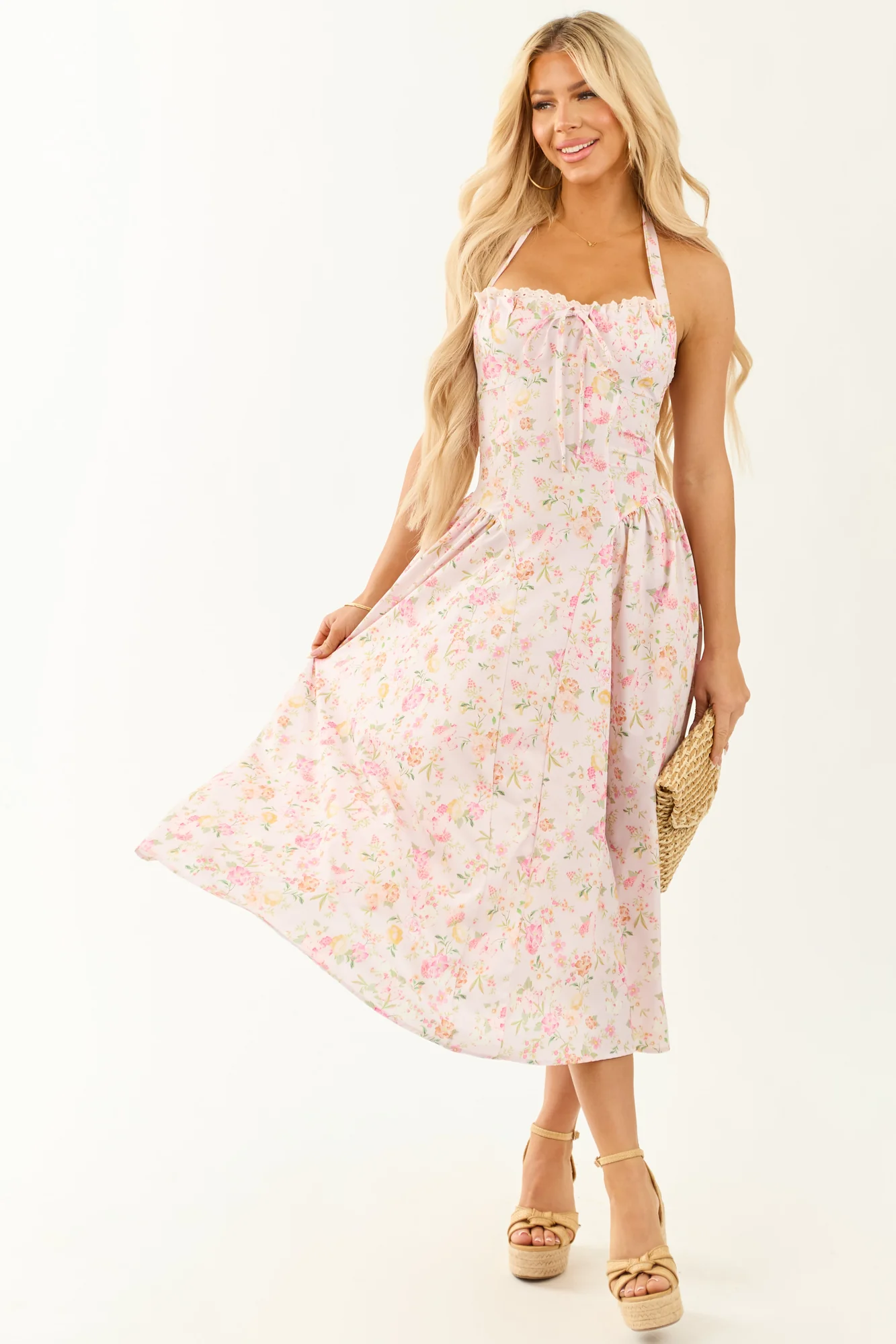 Floral Halter Neck Midi Dress in Lemon, Pistachio