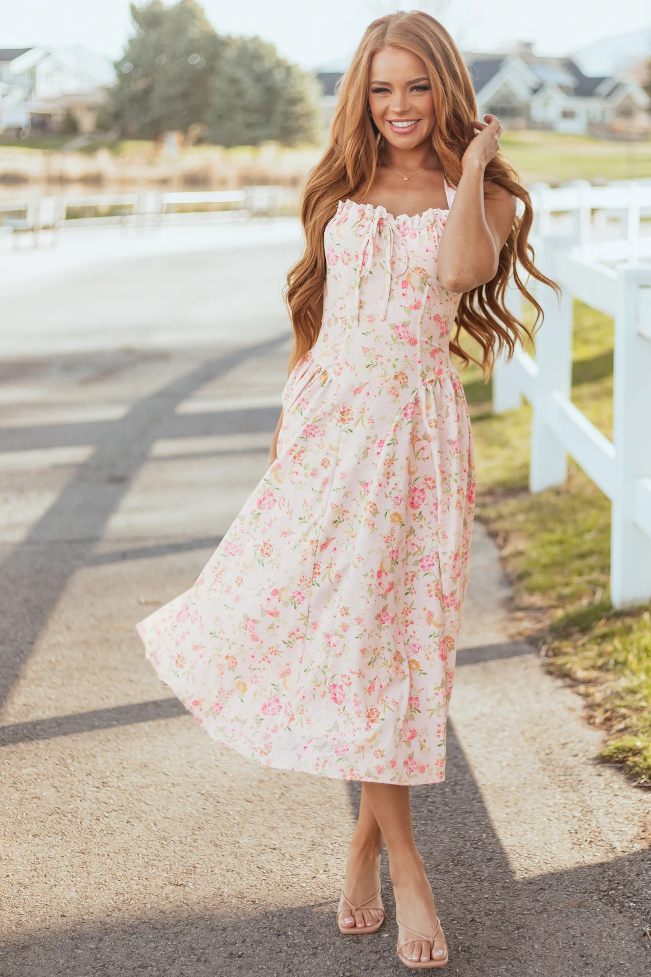 Floral Halter Neck Midi Dress in Lemon, Pistachio