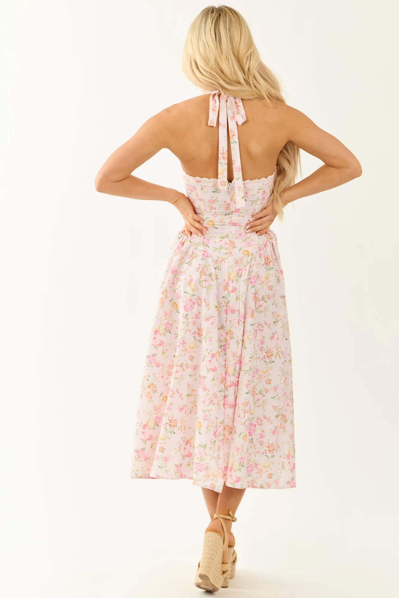 Floral Halter Neck Midi Dress in Lemon, Pistachio