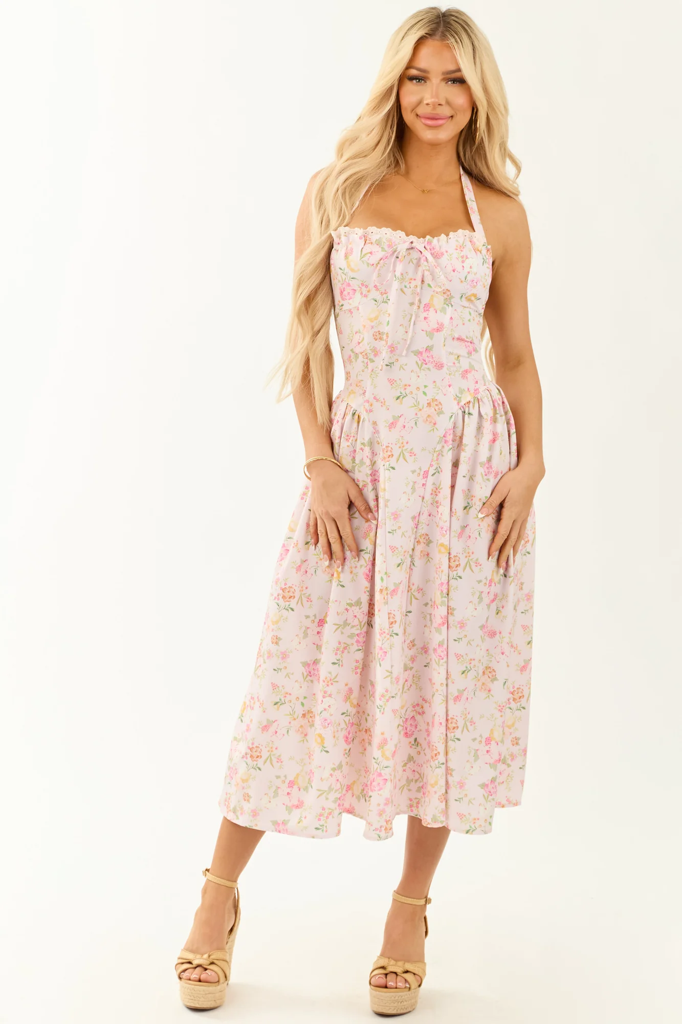 Floral Halter Neck Midi Dress in Lemon, Pistachio