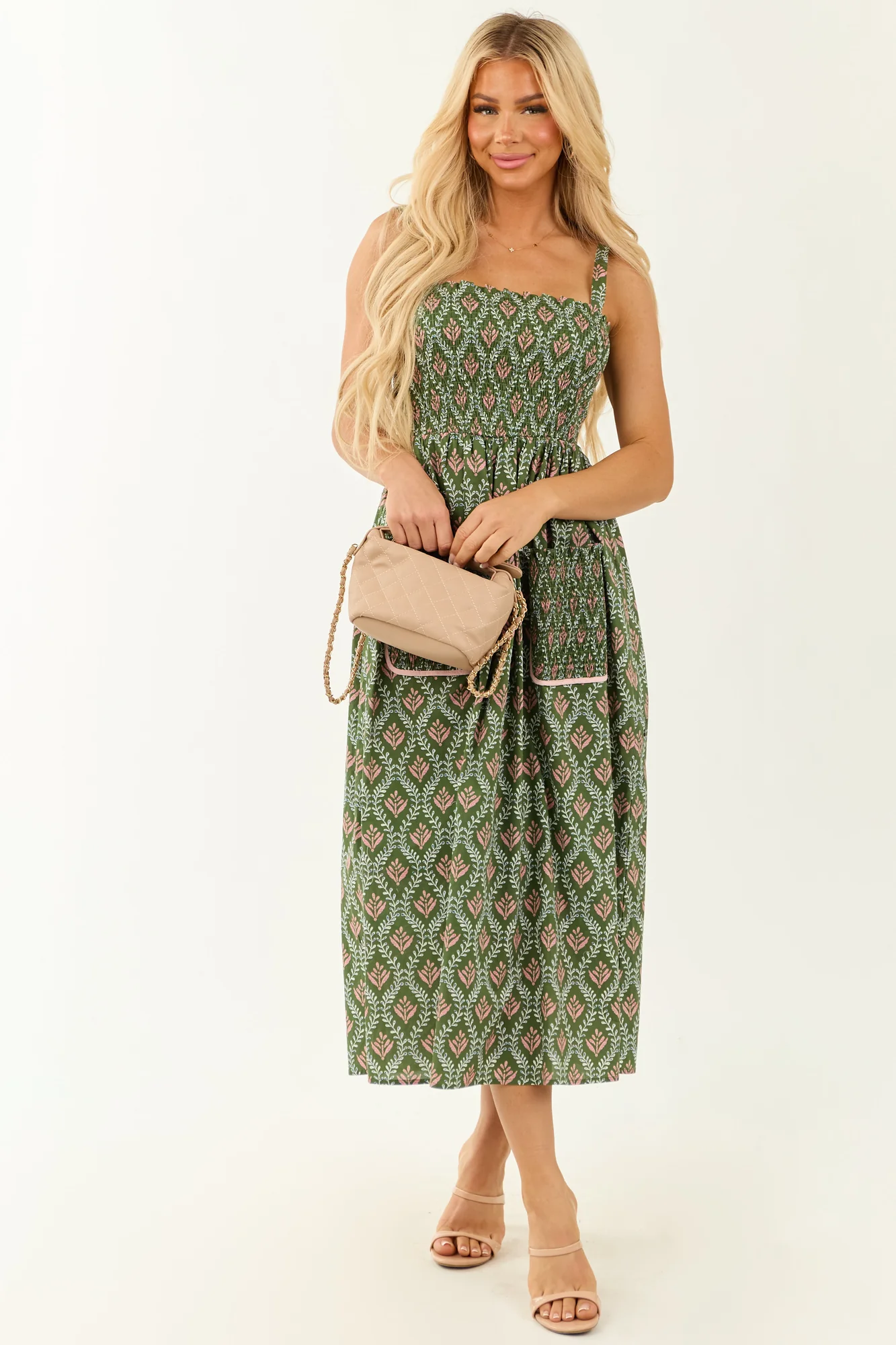 Sleeveless Smocked Olive Print Midi Dress
