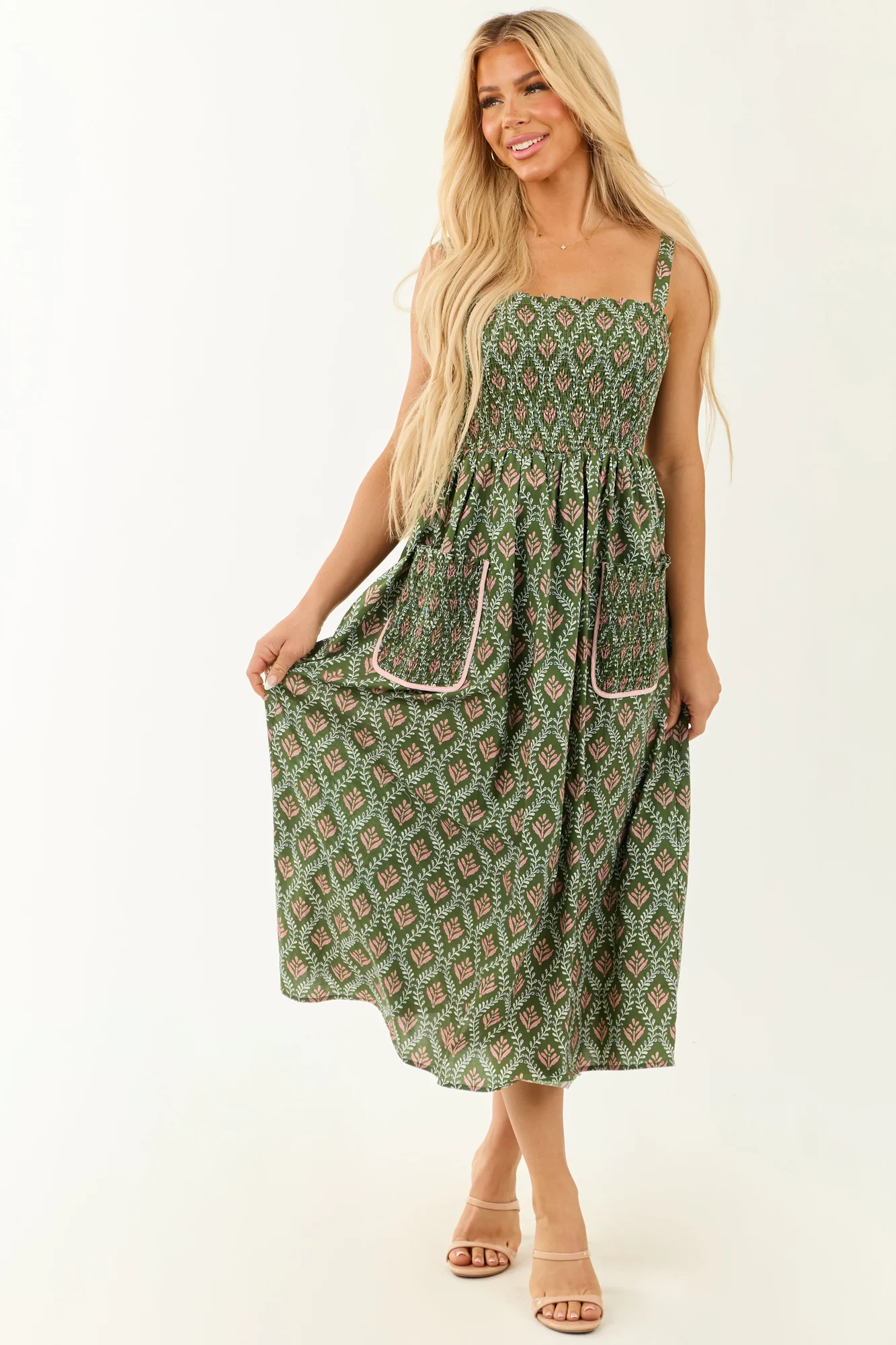 Sleeveless Smocked Olive Print Midi Dress