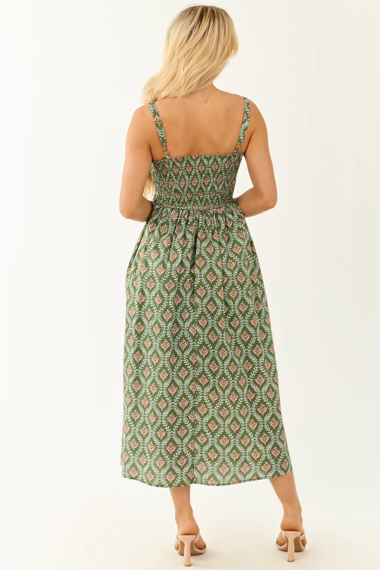 Sleeveless Smocked Olive Print Midi Dress