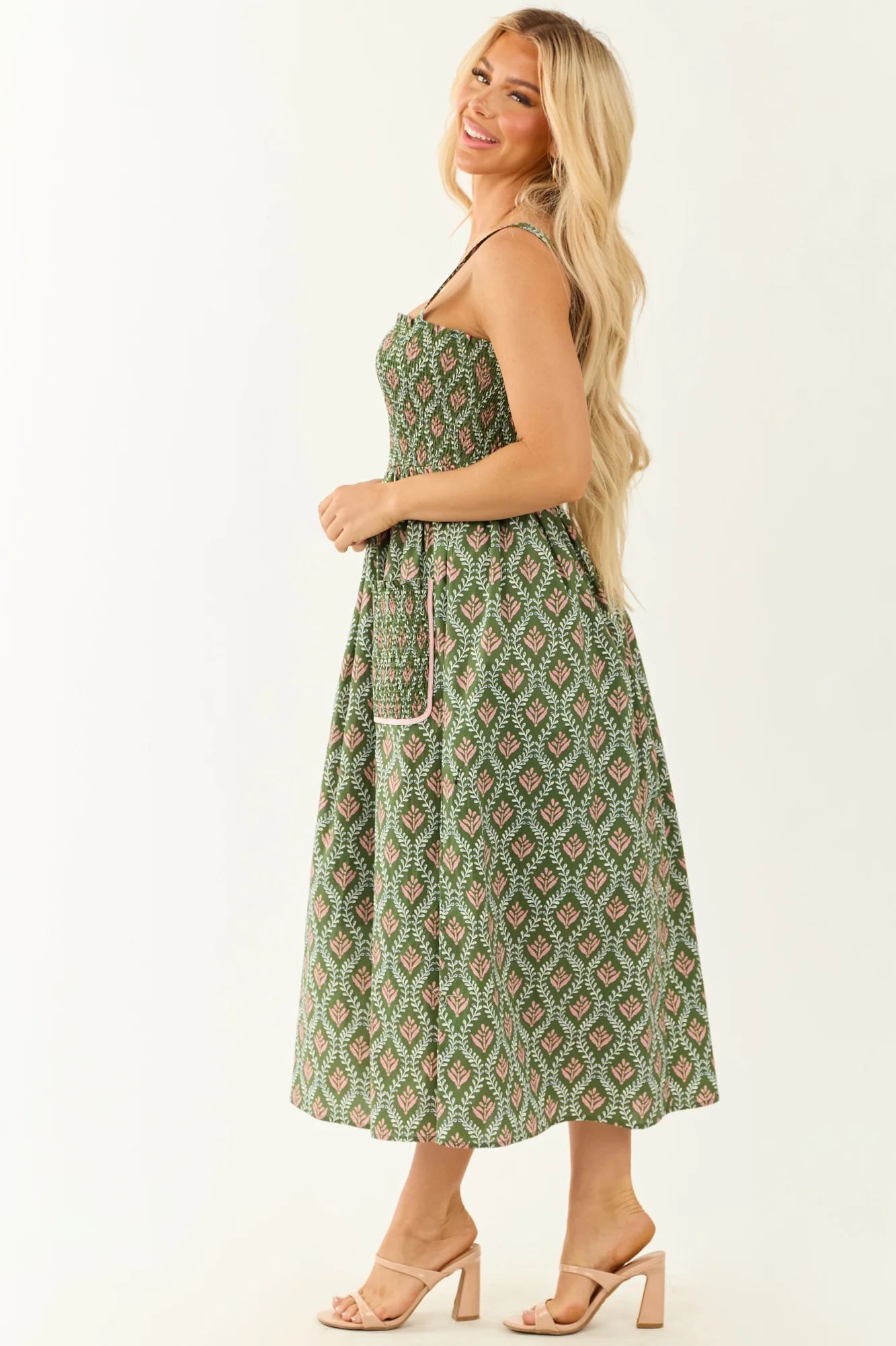 Sleeveless Smocked Olive Print Midi Dress