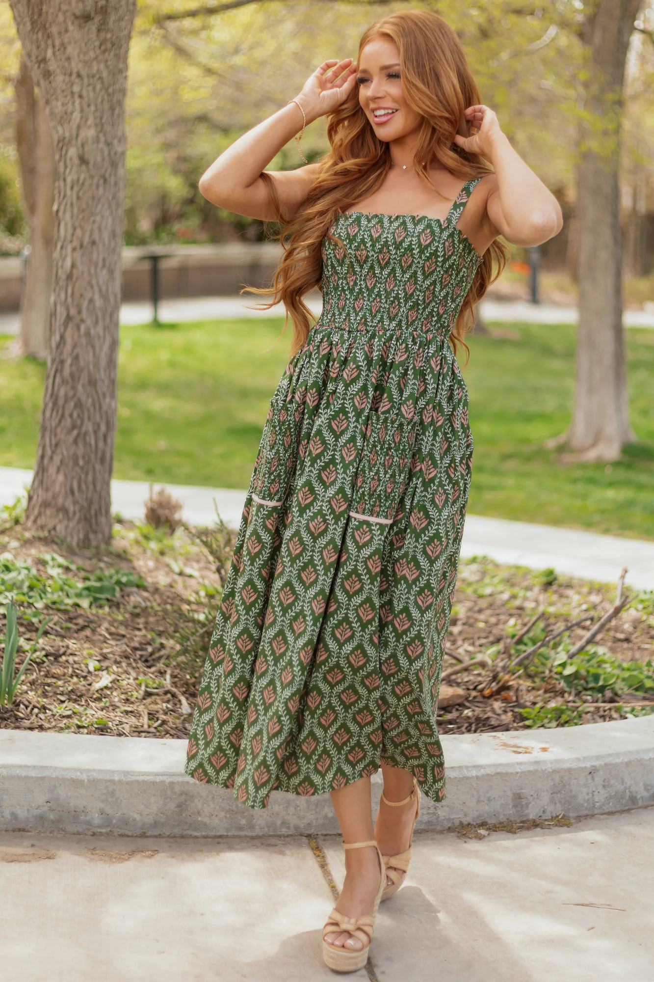 Sleeveless Smocked Olive Print Midi Dress