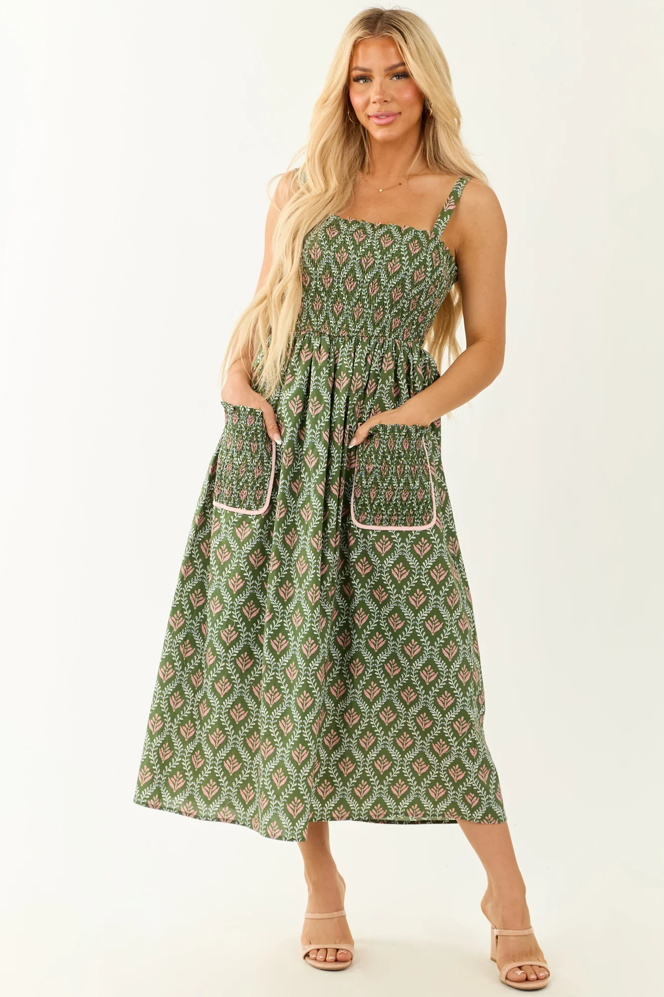 Sleeveless Smocked Olive Print Midi Dress