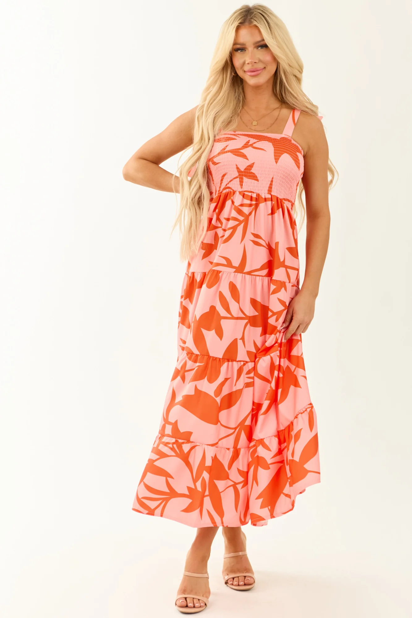Peach Abstract Print Midi Dress with Tie Straps