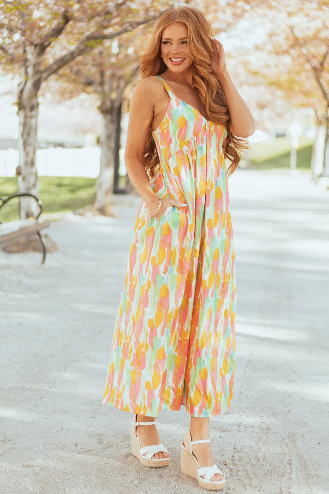 Sleeveless Abstract Print Maxi Dress in Ivory Cotton