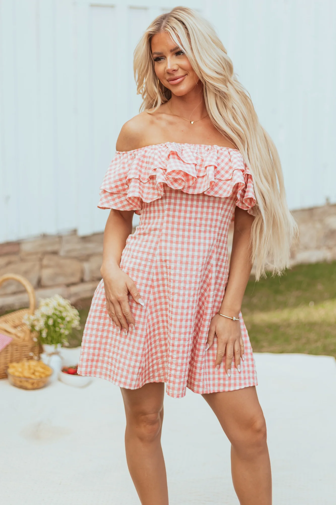 Cherry Blossom Off Shoulder Gingham Ruffle Mini Dress