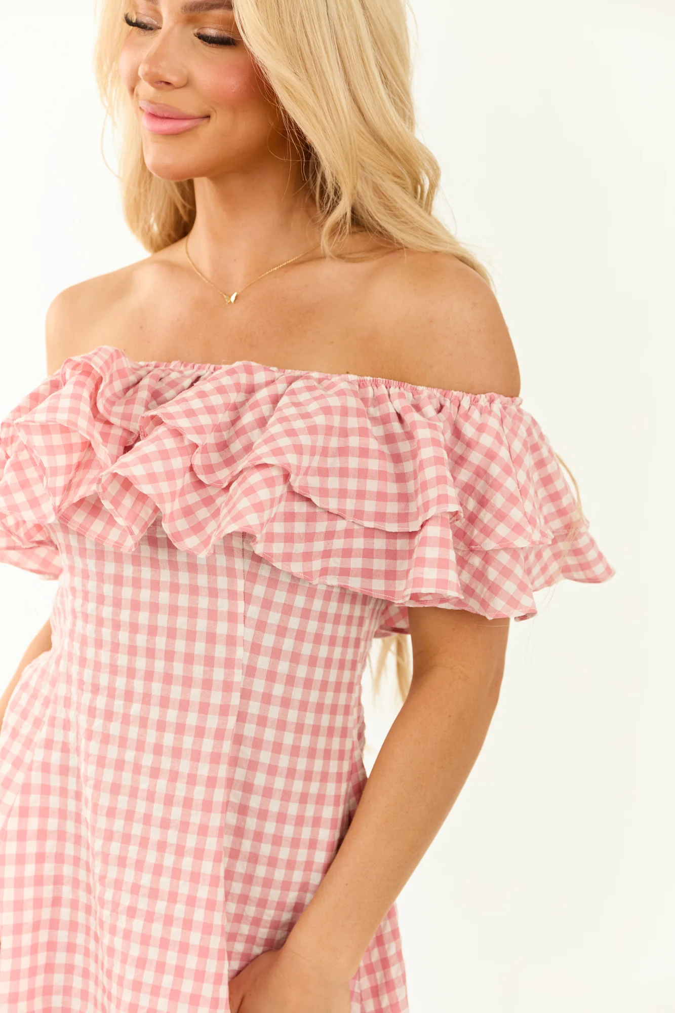 Cherry Blossom Off Shoulder Gingham Ruffle Mini Dress