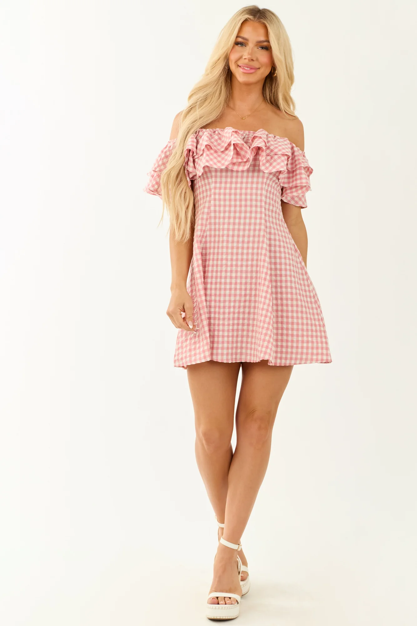 Cherry Blossom Off Shoulder Gingham Ruffle Mini Dress
