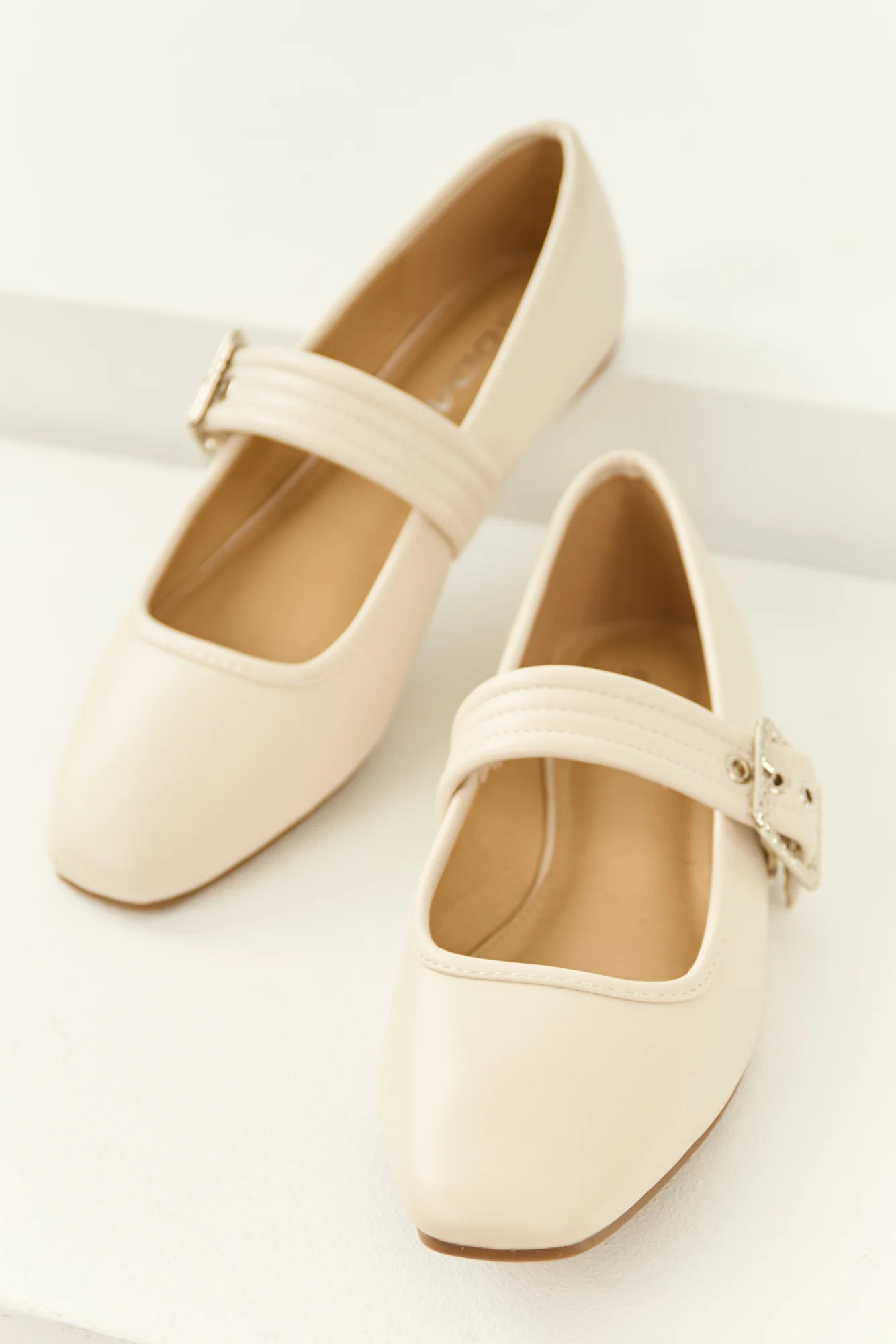 White Buckle Strap Square Toe Flats