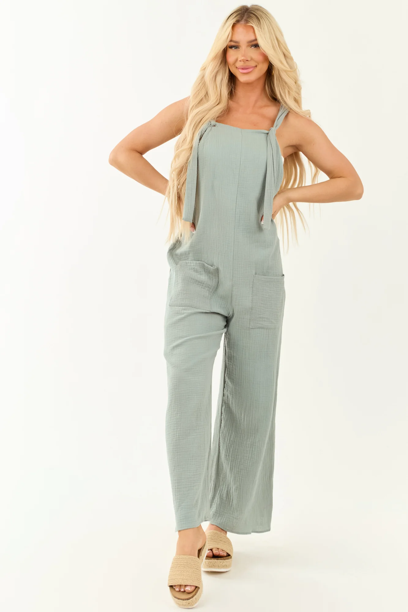 Wide Leg Jumpsuit with Front Tie Straps in Sage Green