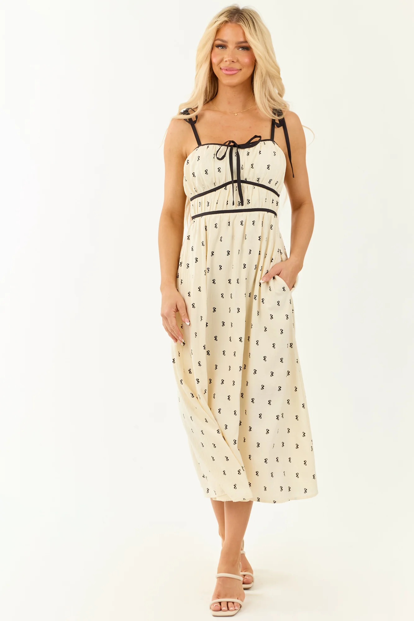 Black Bow Print Sleeveless Midi Dress