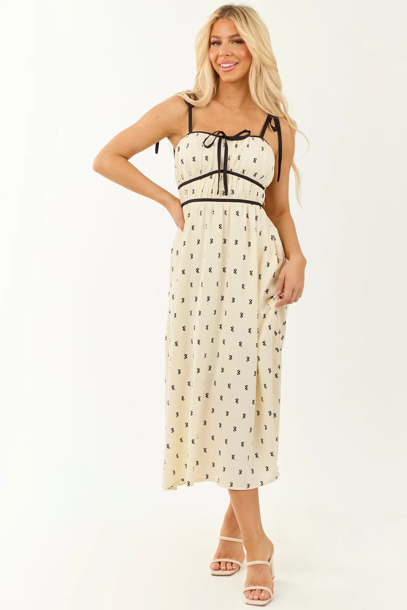 Black Bow Print Sleeveless Midi Dress