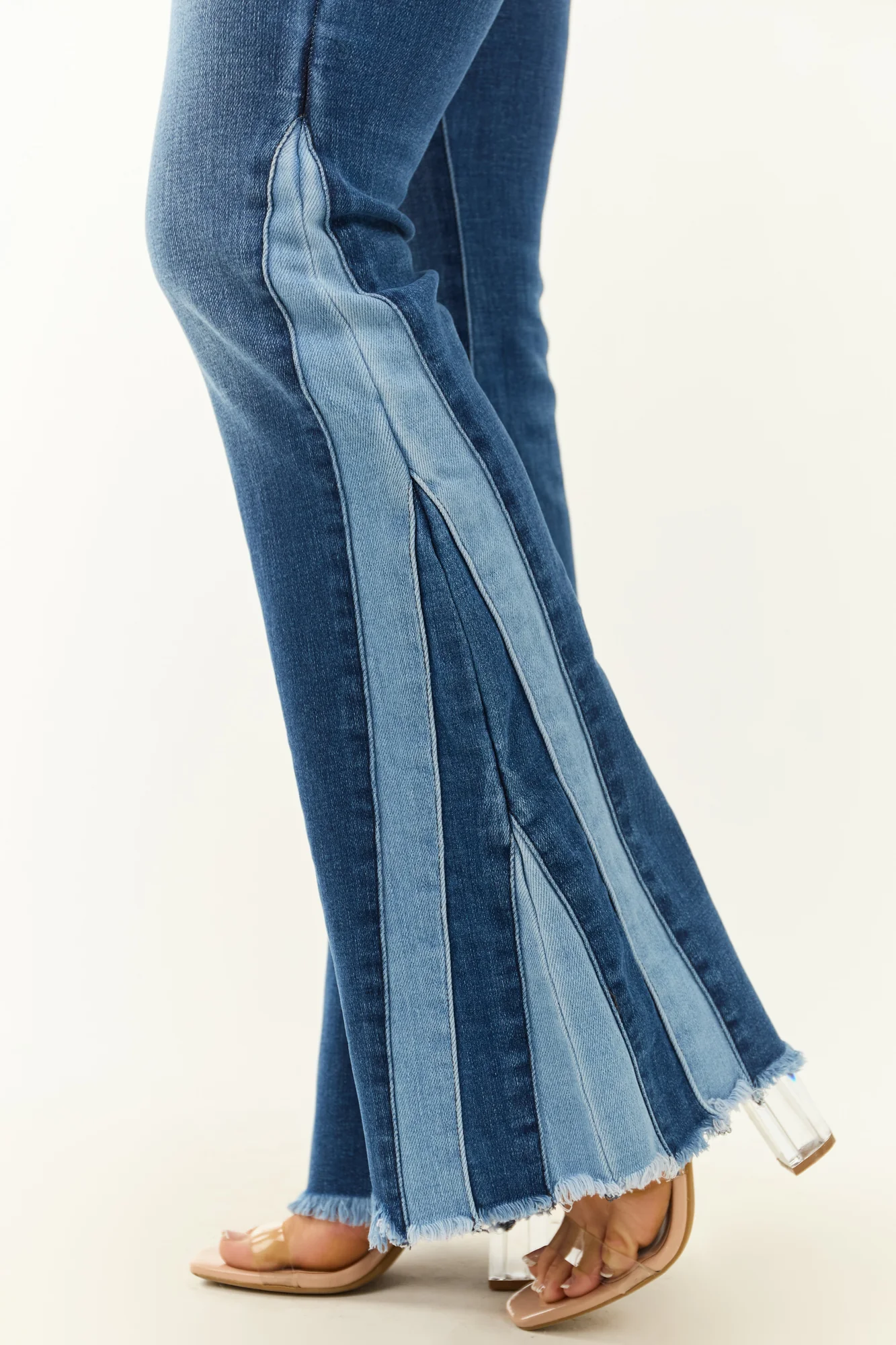 Blue High-Rise Stretchy Flare Jeans with Raw Frayed Hem