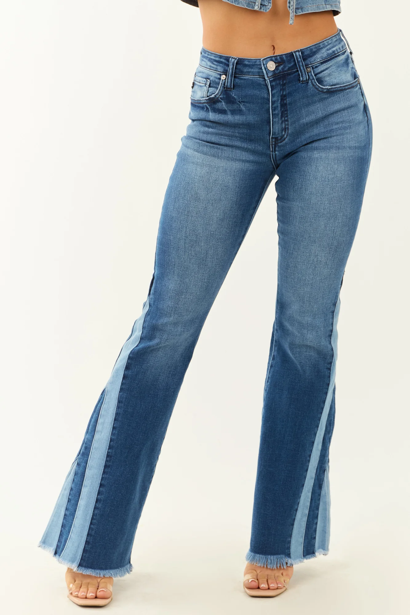 Blue High-Rise Stretchy Flare Jeans with Raw Frayed Hem