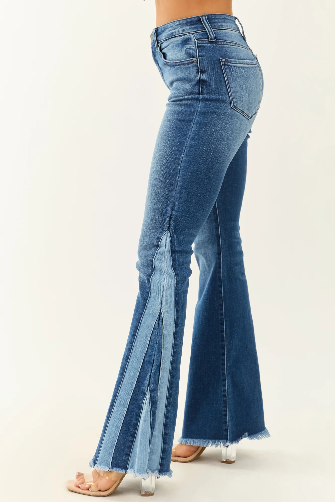 Blue High-Rise Stretchy Flare Jeans with Raw Frayed Hem