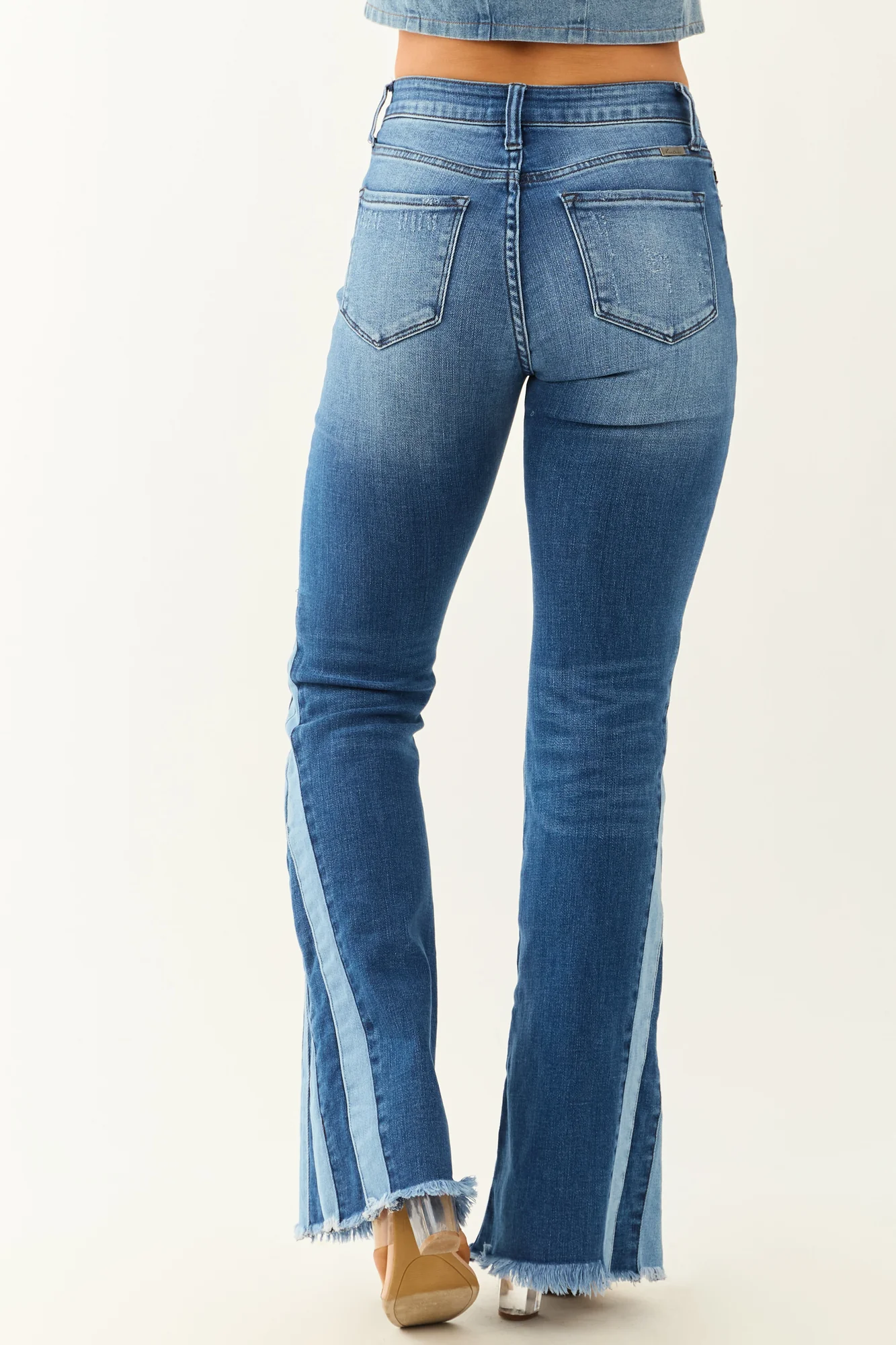 Blue High-Rise Stretchy Flare Jeans with Raw Frayed Hem