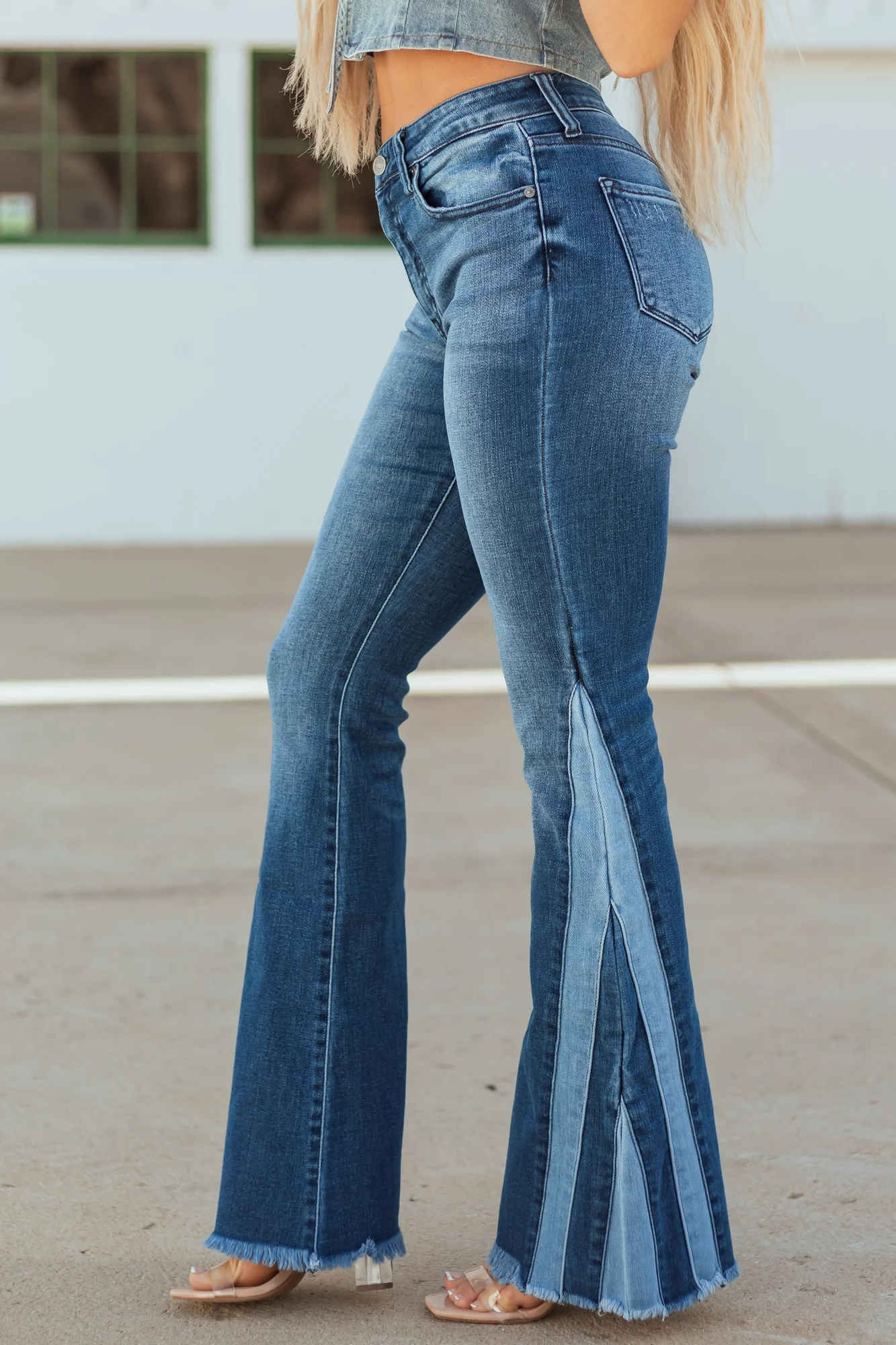 Blue High-Rise Stretchy Flare Jeans with Raw Frayed Hem
