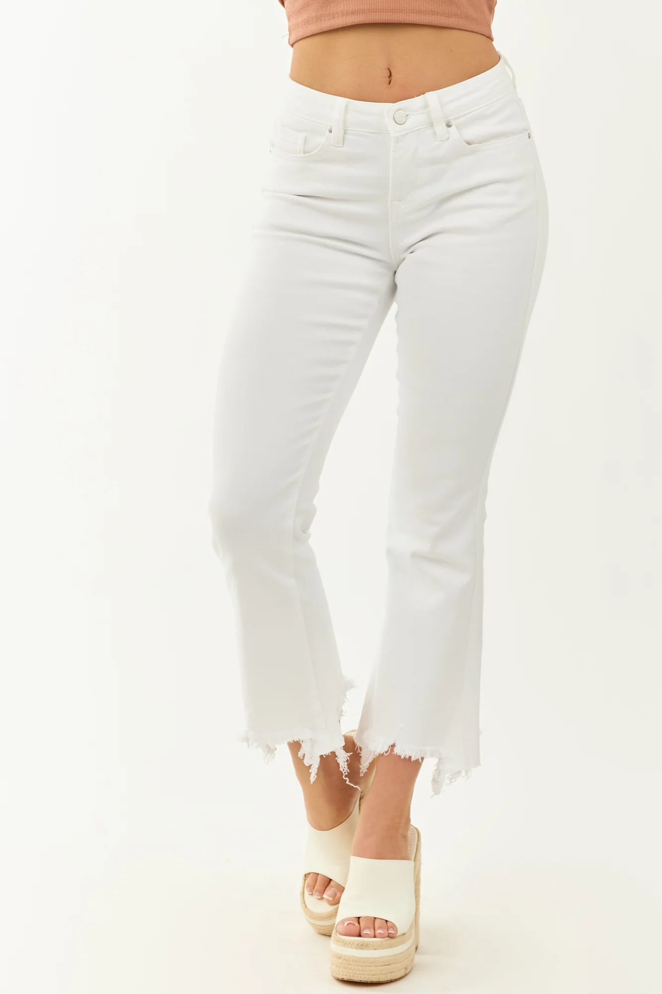 Off White Stretchy Crop Flare Jeans for Women